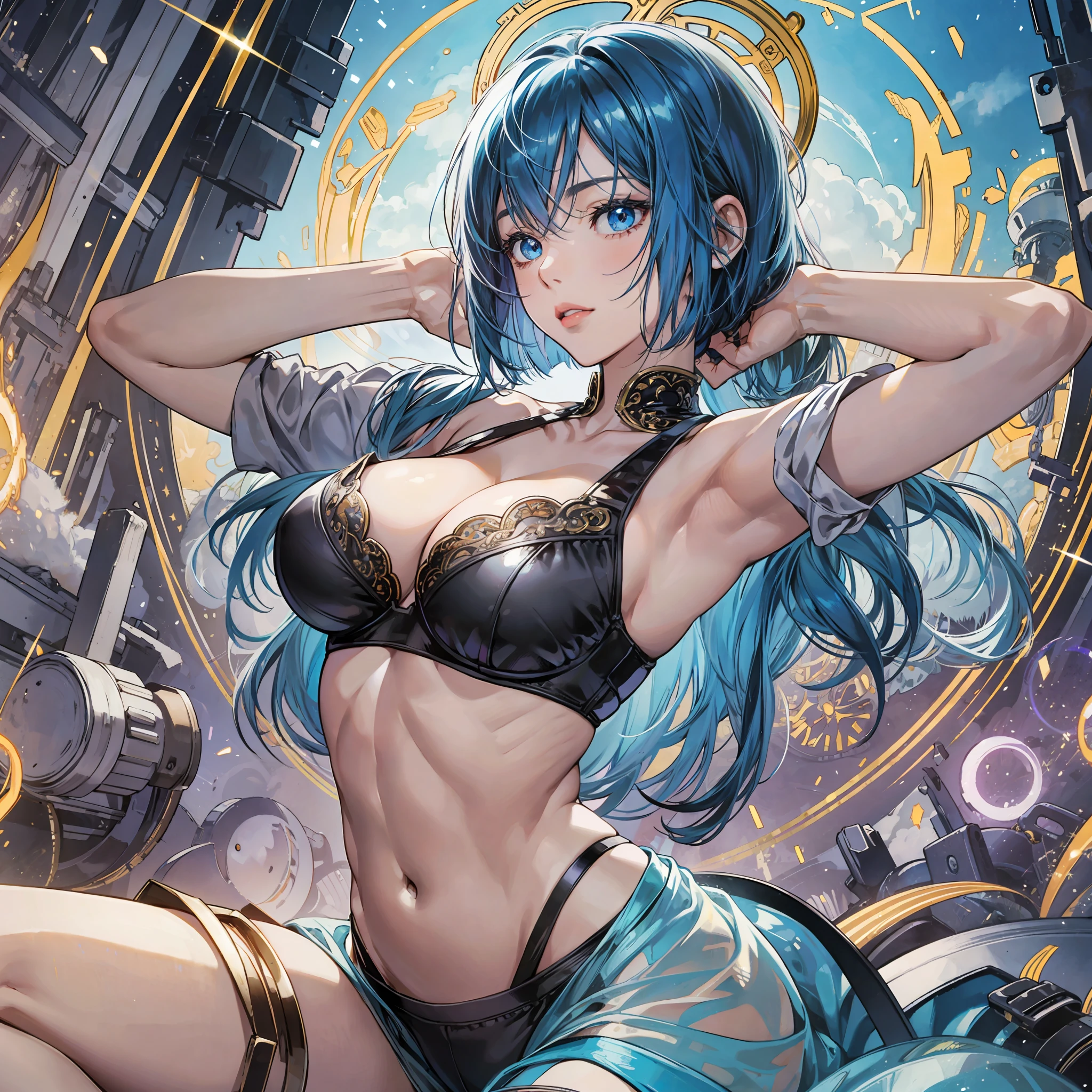 Lying on your back, arms raised, crotch open, cute beautiful cool woman, troubled look, anime, manga, illustration, fantasy, light blue sexy bra and panties, black knee high socks, gold shiny flowing layered long bob cut, shiny shiny blue big eyes, shiny red lips, huge breasts, abs, amazing proportions, whole body, Vivid golden and iridescent magic circles in background, high resolution, highest quality, ultra high quality, super detail, ultra-realistic