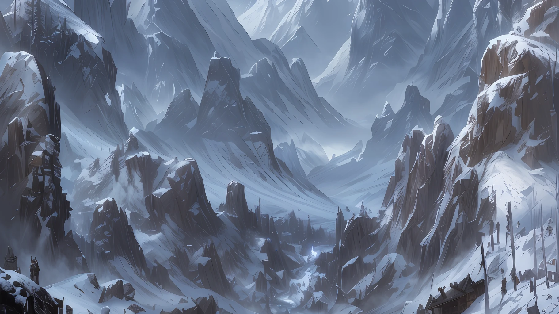 Araffed Mountain Scene with Snow Valley, Winter Concept Art, Concept Art Wallpaper 4K, 4K Fantasy Art, Inspired by Raphael Lacoste, 4K Highly Detailed Digital Art, 8K Fantasy Art, Concept Art 8k, Most Epic Landscapes, Skyrim Art, Epic Landscapes, Detailed 4K Concept Art, Dramatic Concept Art