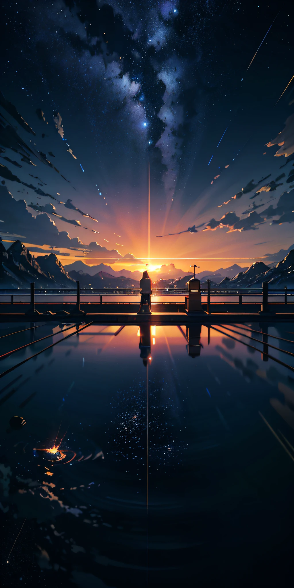 High quality masterpiece, landscape, anime train passing through bodies of water on tracks, bright starry sky. Romantic train, pixiv, concept art, lofi art style, reflection. by Makoto Shinkai, lofi art, Beautiful anime scene, Anime landscape, detailed scenery —width 672, in style of Makoto shinkai, style of Makoto shinkai, enhanced details.