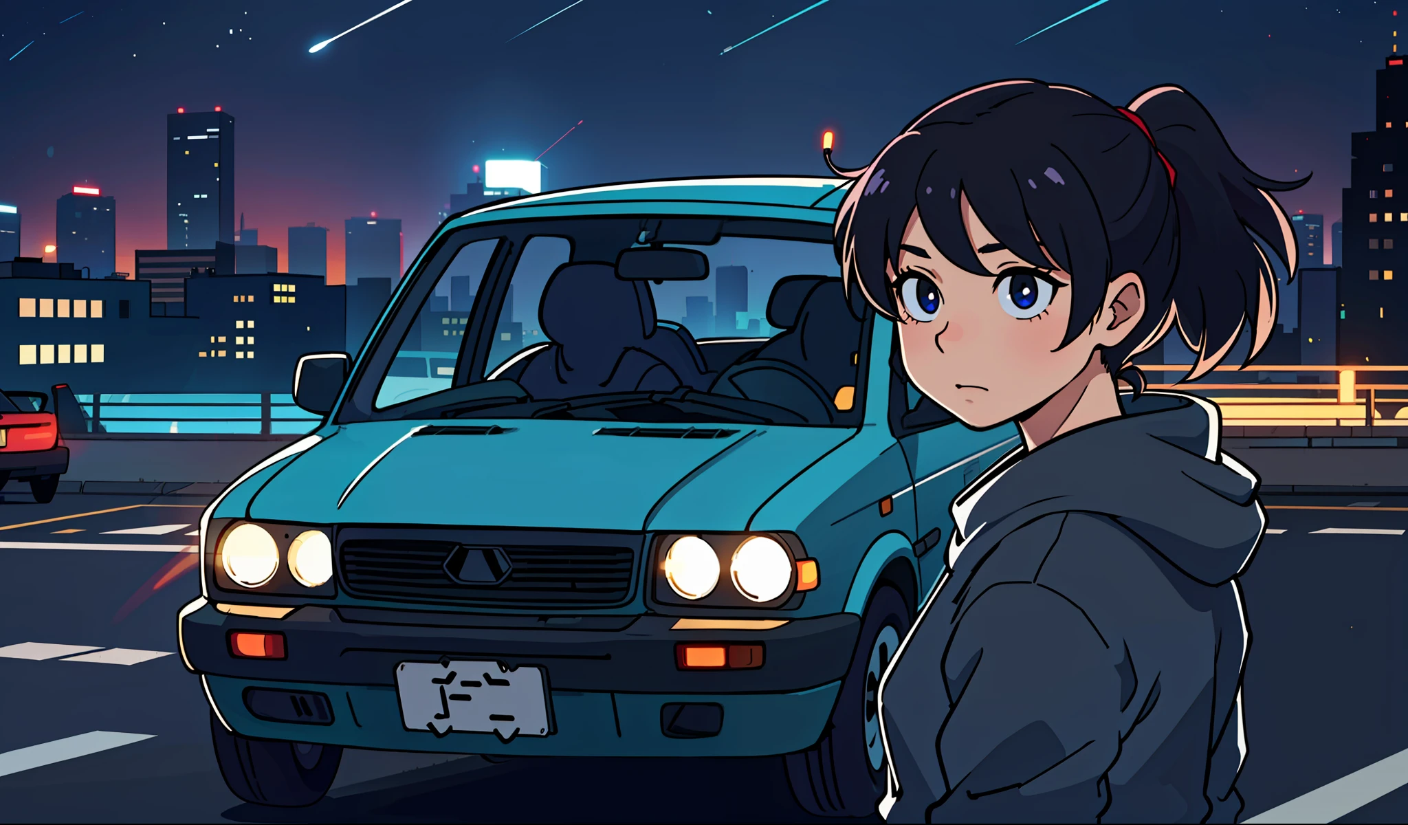 girl in her 20s, city background, car, night, 80s,
(Best Quality: 0.8), (Best Quality: 0.8), Perfect Anime Illustration, Dark Unclear Face, Glowing Eyes