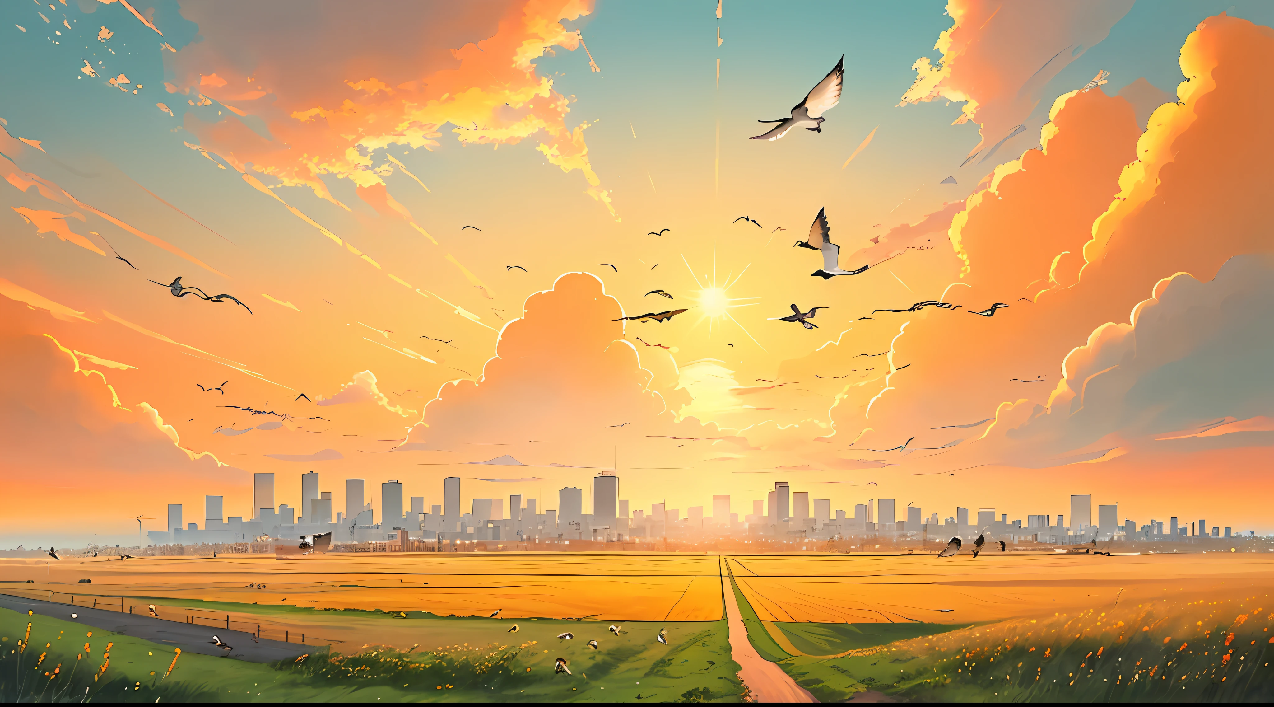 masterpiece, best quality, illustration, colorful, pretty background, sunset, orange color, sky, clouds, grass, city far, birds far, no sun, road aside, wires