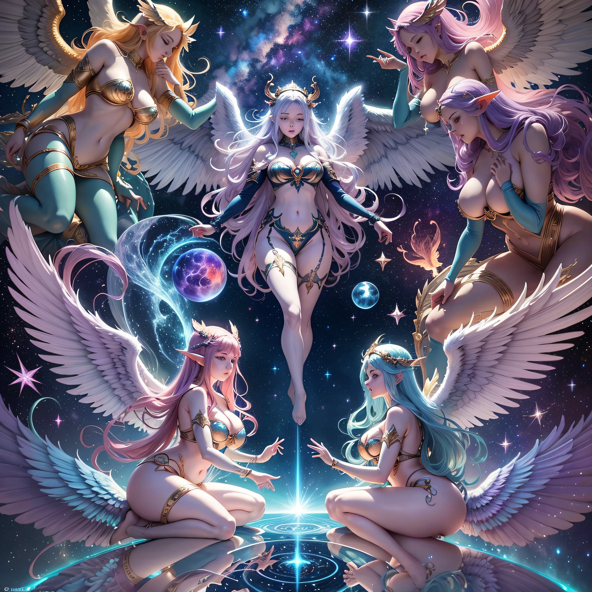 Mythical creatures, elf angels meditating in space, astral fairies, galactic gods, six-winged angels, celestial goddesses and plump goddesses with plump breasts, dancing beautiful fantasy anime, guardians of elemental life, under the reflection of the starry sky, epic artworks of fantasy anime fantasy worlds, is the only existence in the world --auto --s2