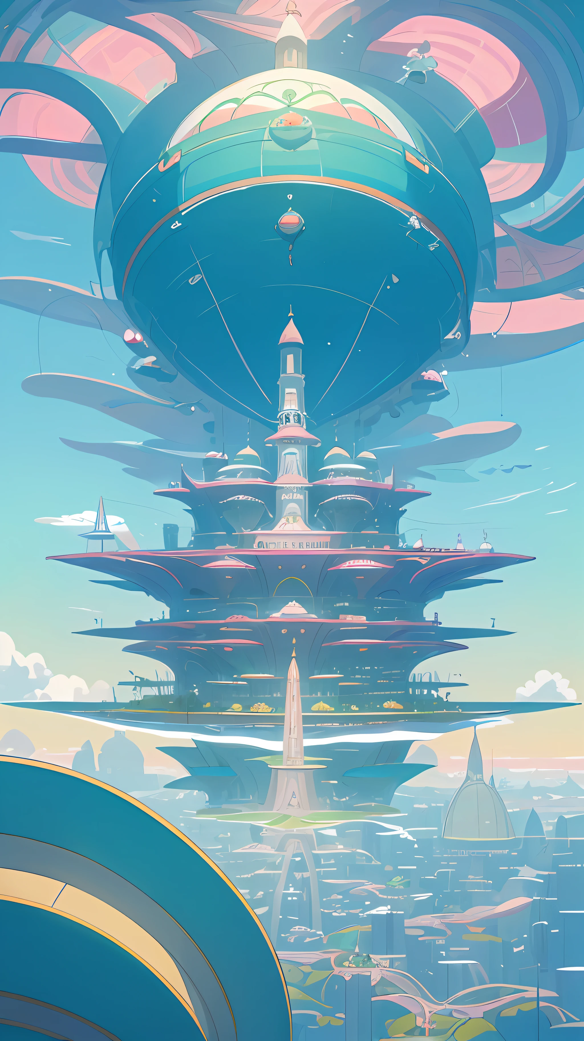 A whimsical and outlandish image of a future world, captured in Wes Anderson's signature style with high saturation colors. The world is populated by fantastical and unusual architecture, with towering spires and bulbous domes painted in bright pinks, greens, and blues. The buildings are designed in a symmetrical layout that creates a sense of order and balance in the bustling metropolis.
The sky is filled with airships and flying cars, moving in a sublime, labyrinthine pattern that defies the imagination. AI-driven robots in sleek white hover around, delivering parcels, while giant, luminescent sea creatures made of plastic float slowly through the sky, mimicking an underwater landscape.
The colors in this utopia are rich and bold, with soft pink and blue contrasting against vivid greens and yellows. The building and the air corridors are painted in vivid and bold hues with lollipop stripes, adding an element of drama and whimsy to the image.
Overall, the image