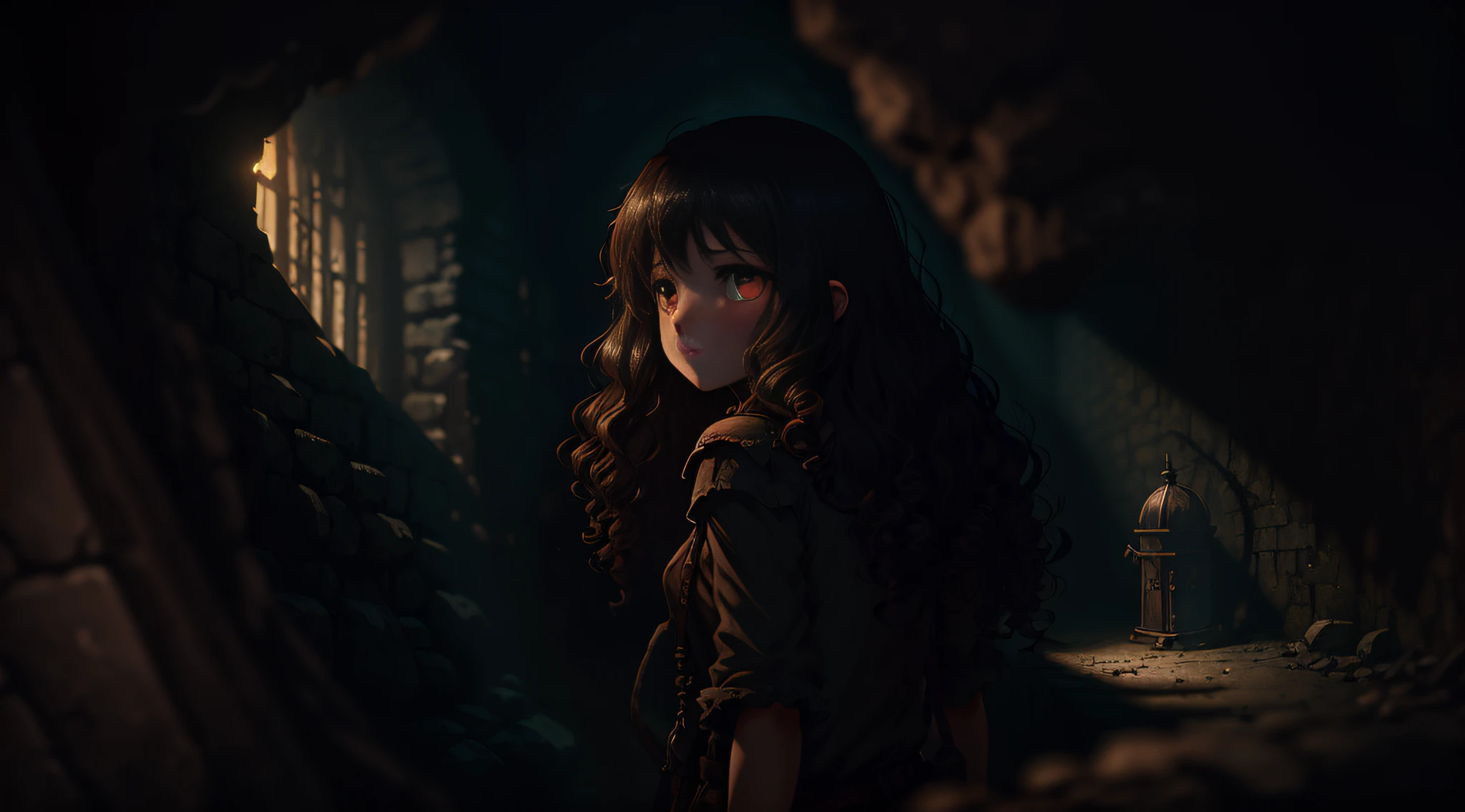 Dungeon, prison, dim light, shadow in the dark, poor girl, (girls: curly, long, brunetize, casual wear), night, no light, low purity tones, black, stereogram, anime, UHD, textured skin, high quality, high detail --auto --s2