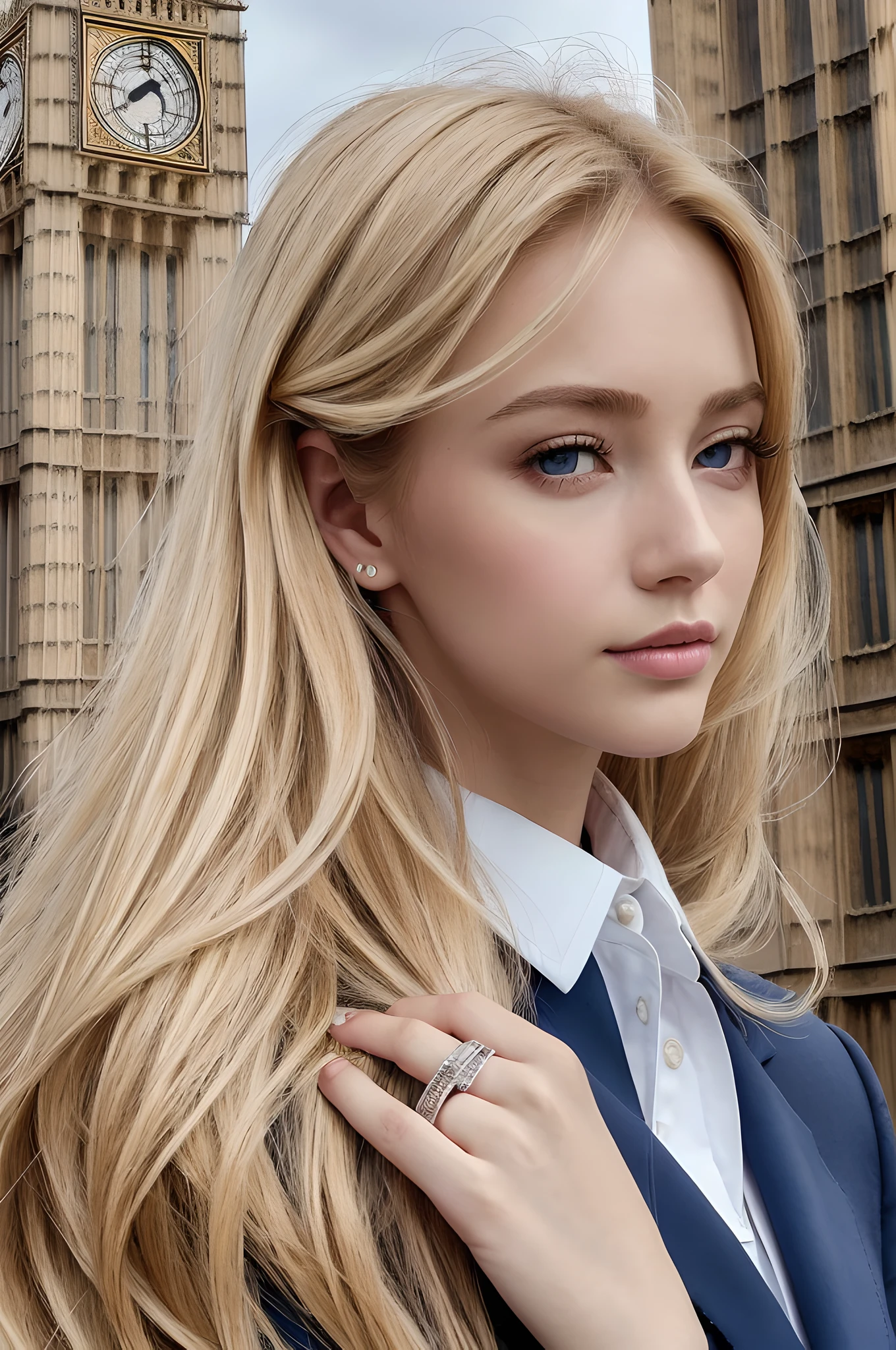 (masterpiece), (portrait), (aesthetic), (beautiful), (upper blody), (high quality), (aesthetic clothings), (professional angle), (rule of thirds), (Feminine), (woman), (female), (beautiful),(feminine features), (25 years), solo, 1 woman, (attractive British), Autumn, Warm light, (Standing), Natural Makeup, (Medium bust), (()), (Front face), (Refined expression), ((Classic Mood)), Pearl Necklace, ((Medium hair)), (Blonde hair), (Straight hair), (Silky hair), Glossy shine hair, (Hairpin in hair), (Blue eyes), (Elegant look), (Fair skin), (Tweed clothing), (Blazer), (Blouse), (Skirt), Collar neckline), ((Big Ben in background)), (some people in background), (Medium shot), beautiful hands, two hands, normal hands, two arms, complete hands, beautiful body, beautiful fingers, normal fingers, five fingers, five fingers, (Thumb index meddle ring little fingers), beautiful ears, normal ears, beautiful eyes, shiny eyes, beautiful mouth, beautiful lips,