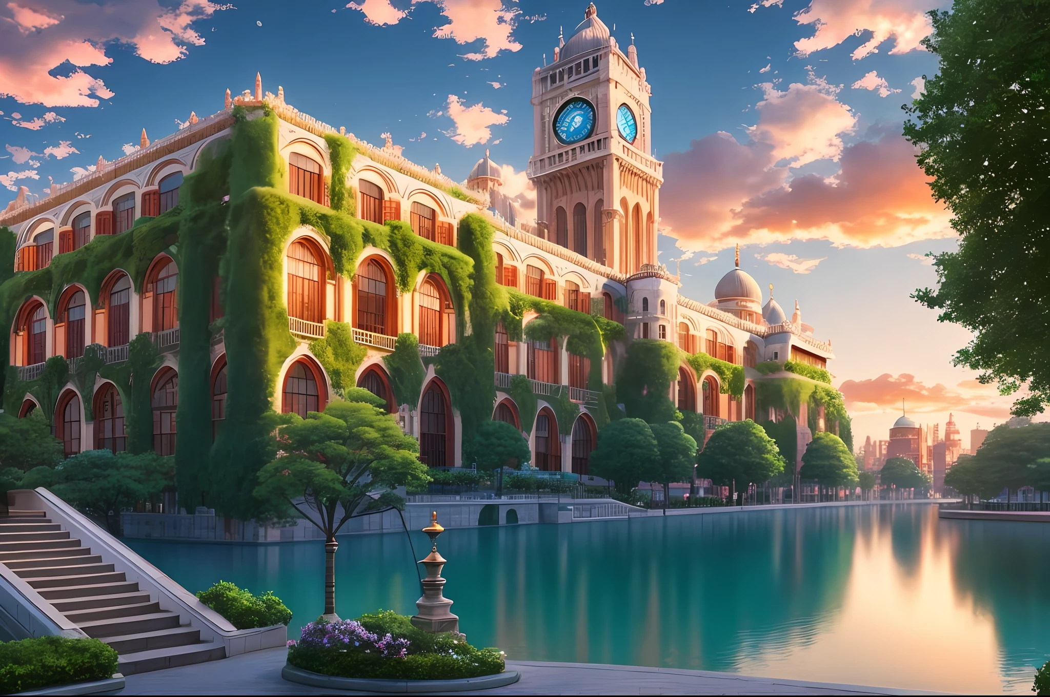 Majestic university building with clock tower, with lake and park, illustration by Cha Shibiao, shutterstock, Art Nouveau, the ultra-wide view of the building, sci-fi building that break through the imagination, all buildings have a sense of technology and are full of technology. A sci-fi blockbuster with a sense of sight. There are flying saucers and spaceships looming in the sky. Architecture combined with lighting. Renaissance building. Beautiful city of the future, beautiful cityscape, tech city background, with a city in the background. Inspired by Makoto Shinkai, popular concept art and masterpieces on pixiv, vision (wide angle lens), super high resolution (fidelity: 1.4), super high quality, extremely detailed CG Unity 8k wallpapers, aesthetics, award winning photography, real High Detail, Detail Enhancement, Blur Removal, Intricacy, Traveling Art. Visually stunning. Beautiful future city, beautiful city, dream land of African people, pexels, blue hour photography, African dreamland, spectacular clouds, fantasy clouds.