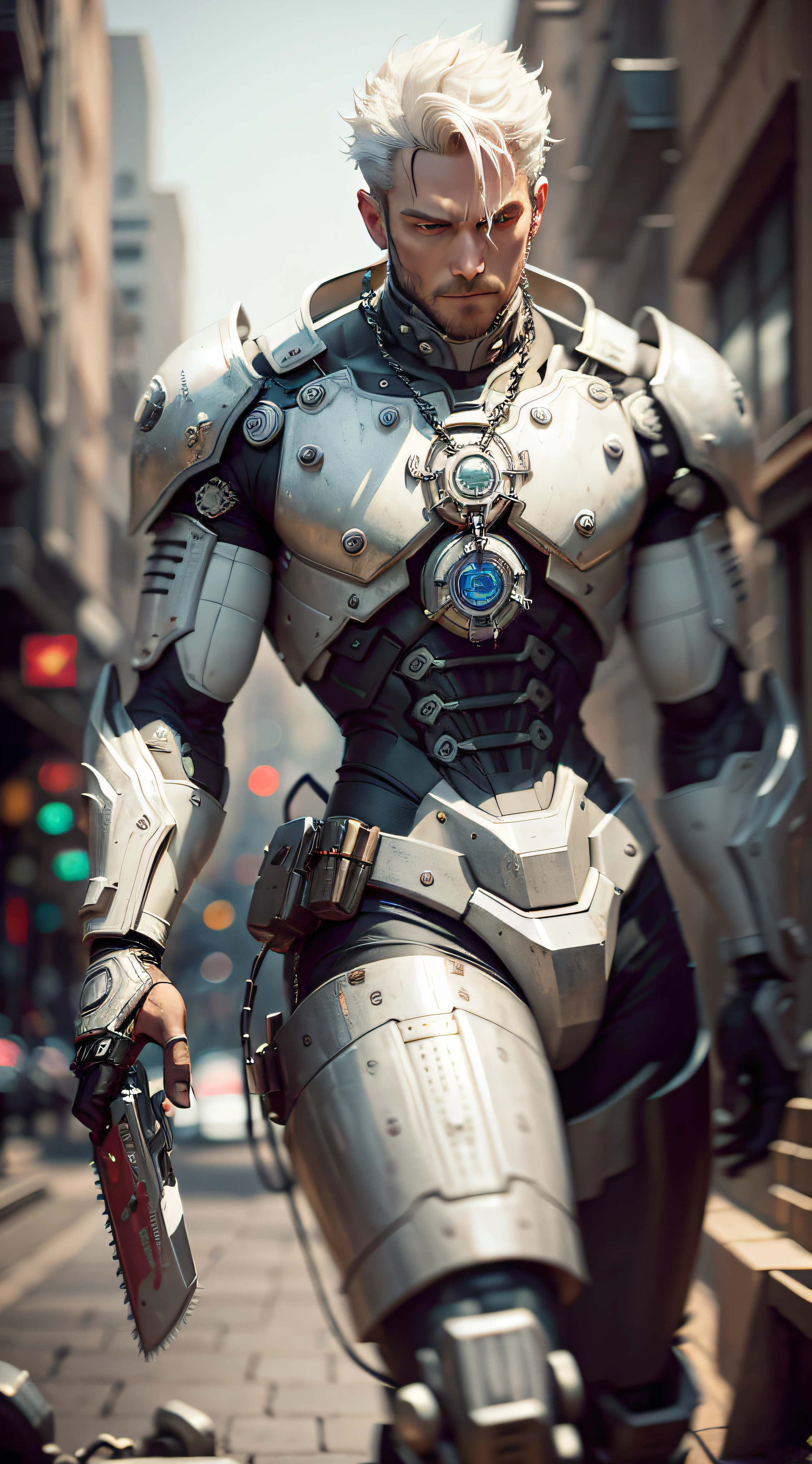 85mm, f1.8, robot portrait, dark matte smooth ceramics, intricate design, very detailed, fine details, extremely clear lines, cinematic lighting, realistic photos, a detailed masterpiece, Dark_Fantasy, Cyberpunk, (chain saw, chain saw man, Red:1.1), 1man, Mechanical marvel, Robotic presence, Cybernetic guardian, dressed in a shabby mech suit, white, intricate, (steel metal [rusty]), elegant, clear focus, photographed by greg rutkowski, soft lighting, bright colors, masterpiece, ((street)), cowboy shooting, dynamic pose --auto --s2