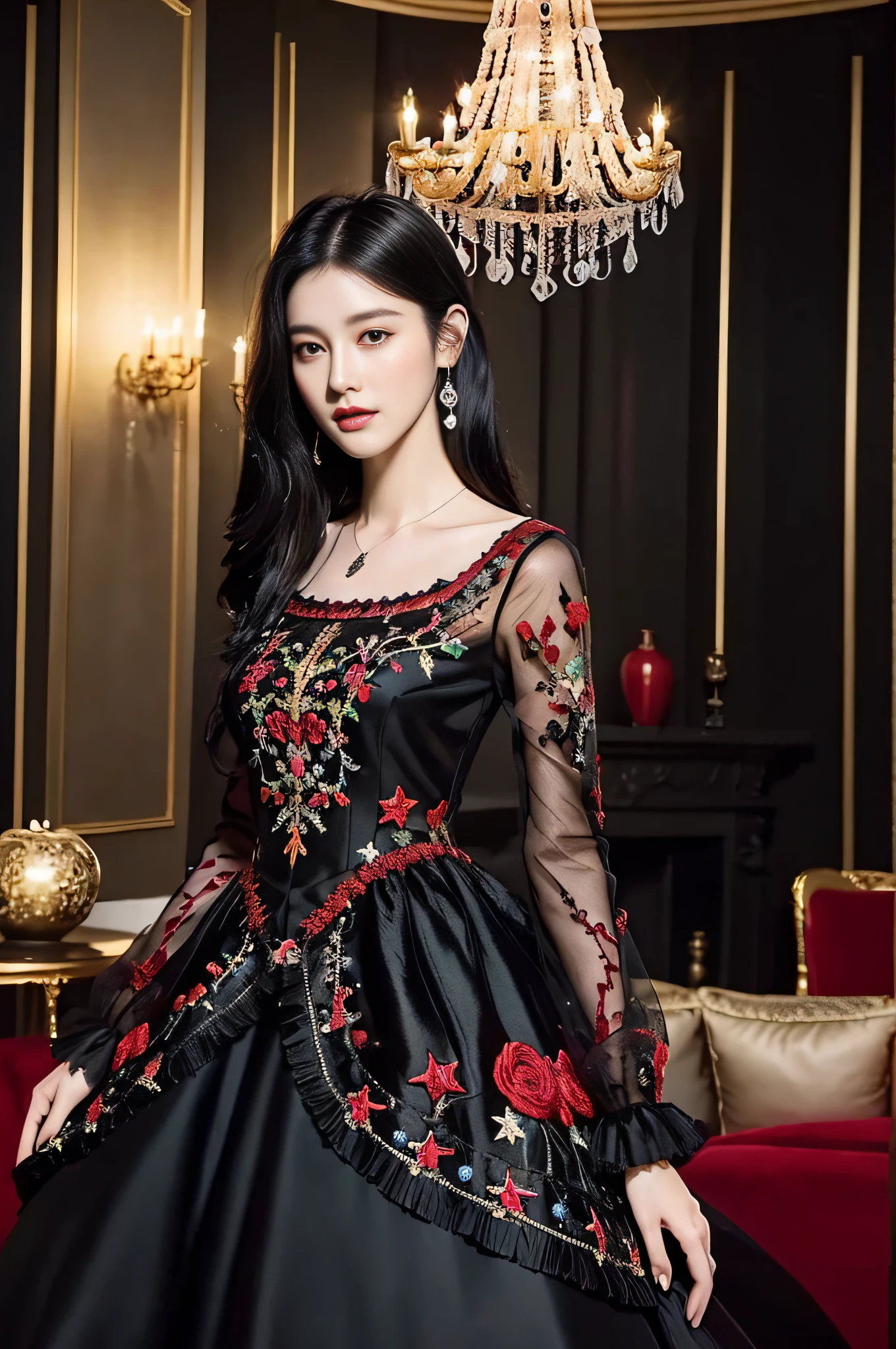 Best quality, high resolution, masterpiece: 1.3), a tall and beautiful woman, (short black hair: 1.5), wearing pendant, pouf dress, black and red wedding dress fashion dress design "haute couture" fairy charming fantasy fantastic theme black embroidery with some ruby red details embroidered frills, red and black, layers. Dark mode of layer, layer, layer, evil, stars, moon, fog and wind, without any pose, standing (background is in living room at home), beautifully presented details in face and skin texture, detailed eyes, double eyelids, face shyness