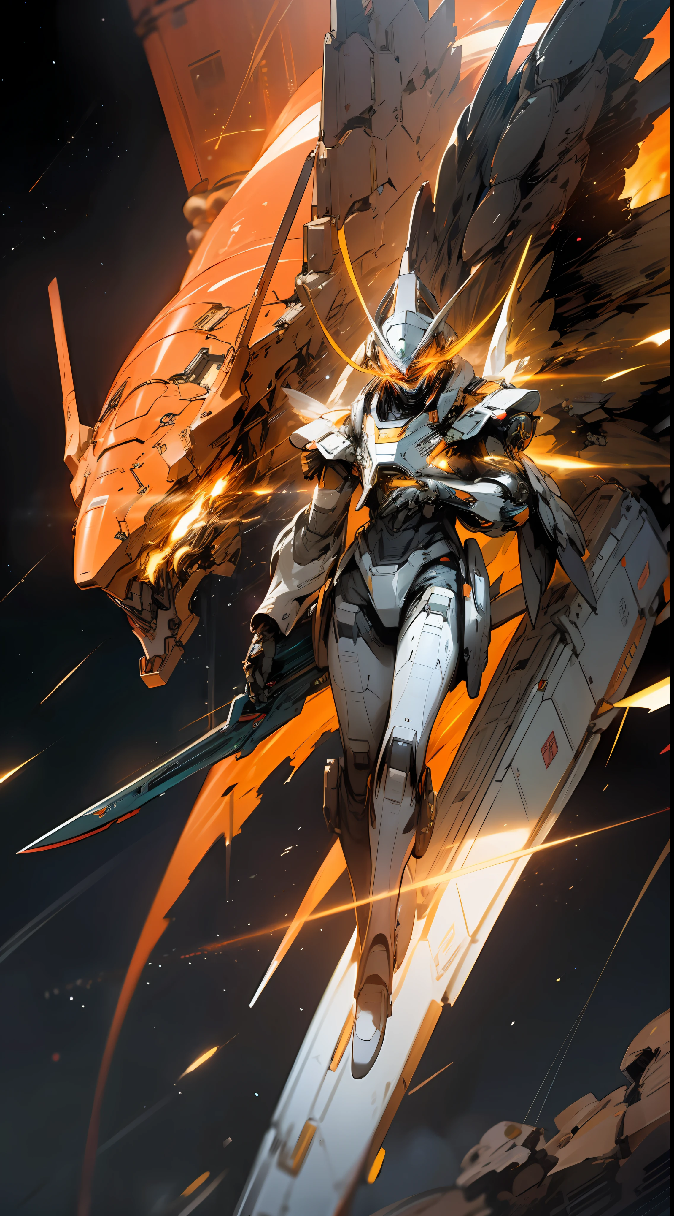 In space, huge planet, nebula, holding weapons, no humans, glowing, robot, huge mechanical wings, mech wings, in flight, comet debris, glowing eyes, orange mecha, science fiction, space, reality, mecha, galaxy background, neon, cyberpunk,