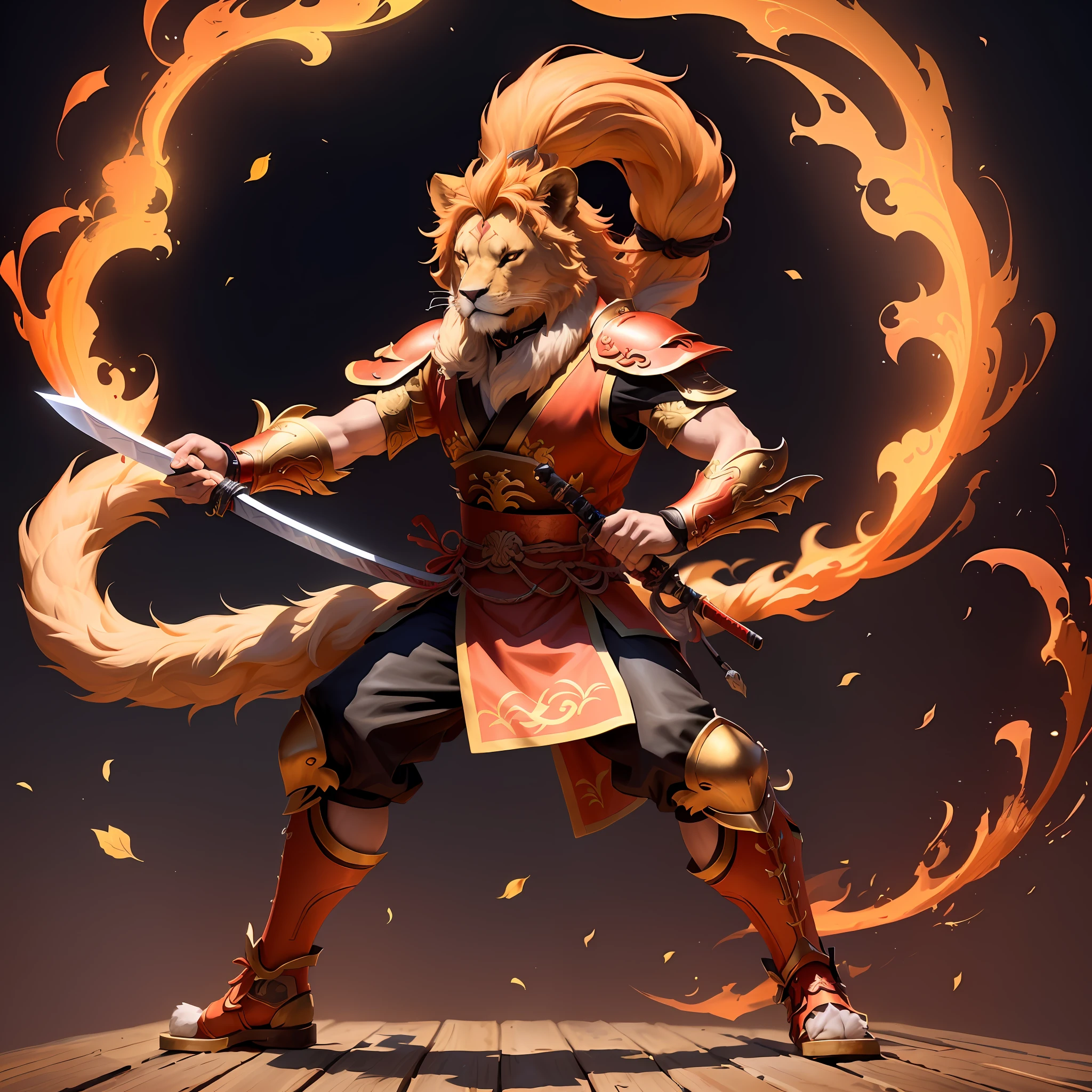a closeup of a lion holding a sword and a fire, Sun Wukong, kitsune-inspired armor, fire lion, lion warrior, genshin impact keqing, nobushi fox, genshin impact zhongli, onmyoji detailed art, wukong, g liulian art style, by Yang J, kitsune holding torch