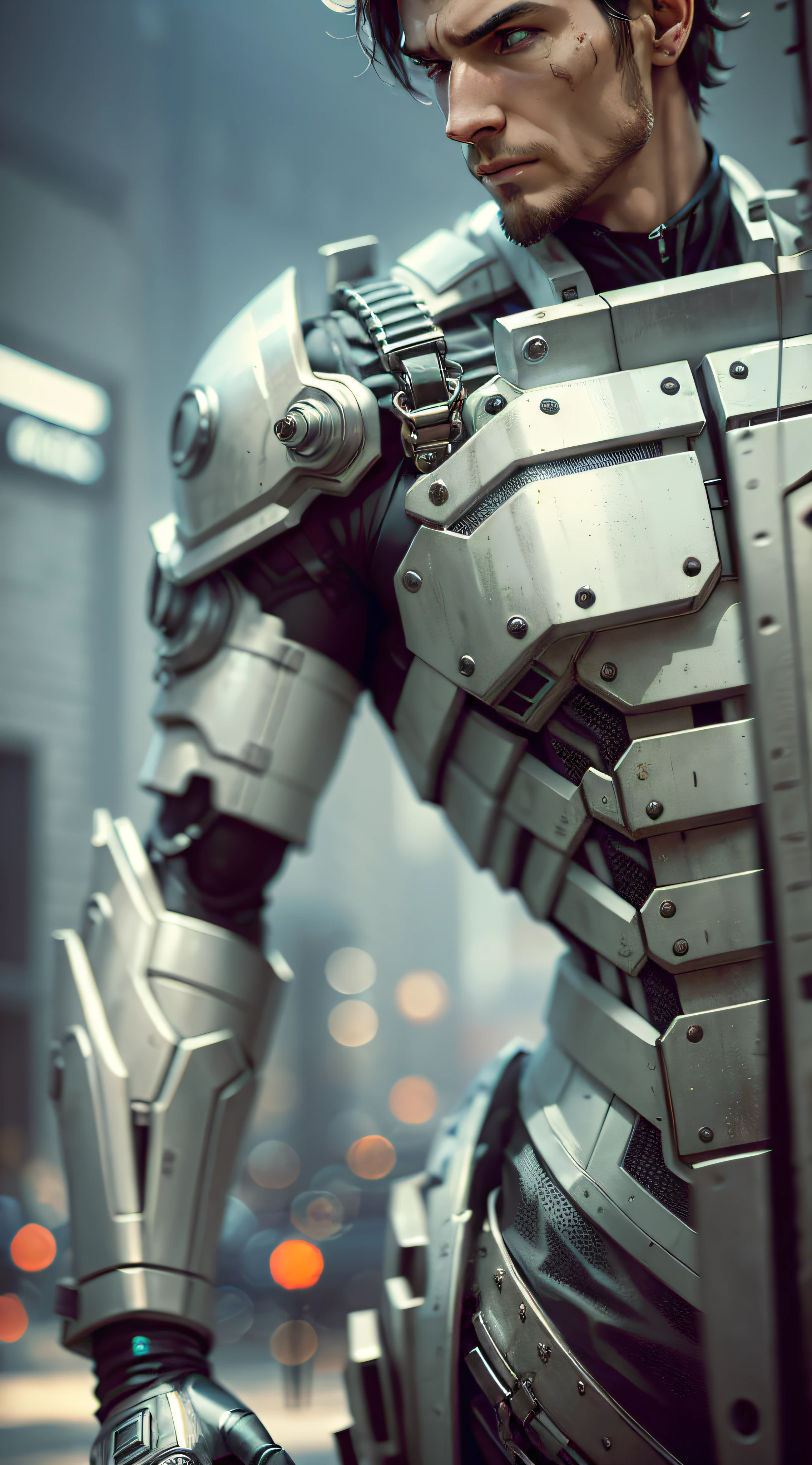 85mm, f1.8, robot portrait, dark matte smooth ceramics, intricate design, very detailed, fine details, extremely clear lines, cinematic lighting, realistic photos, a detailed masterpiece, Dark_Fantasy, Cyberpunk, (chain saw, chain saw man, Red:1.1), 1man, Mechanical marvel, Robotic presence, Cybernetic guardian, dressed in a shabby mech suit, white, intricate, (steel metal [rusty]), elegant, clear focus, photographed by greg rutkowski, soft lighting, bright colors, masterpiece, ((street)), cowboy shooting, dynamic pose --auto --s2