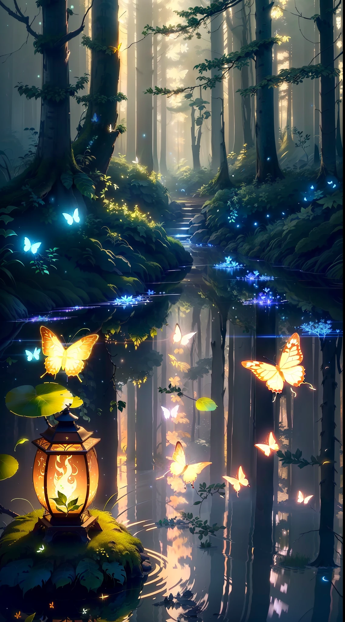 A masterpiece, the best quality, stunning reflections, the best reflections ever. (very detailed CG unity 8k wallpapers), (best quality), (best illustrations), (best shadows), forest theme with natural elements. Tall trees, quiet streams, small glowing mushrooms surrounded by delicate leaves and branches, with fireflies and glowing particle effects,, (natural elements), (jungle theme), (leaves), (twigs), (fireflies), butterflies, (delicate leaves), (glow), (particle effects). , Isometric 3D, Octane Rendering, Ray Traced, Super Detailed