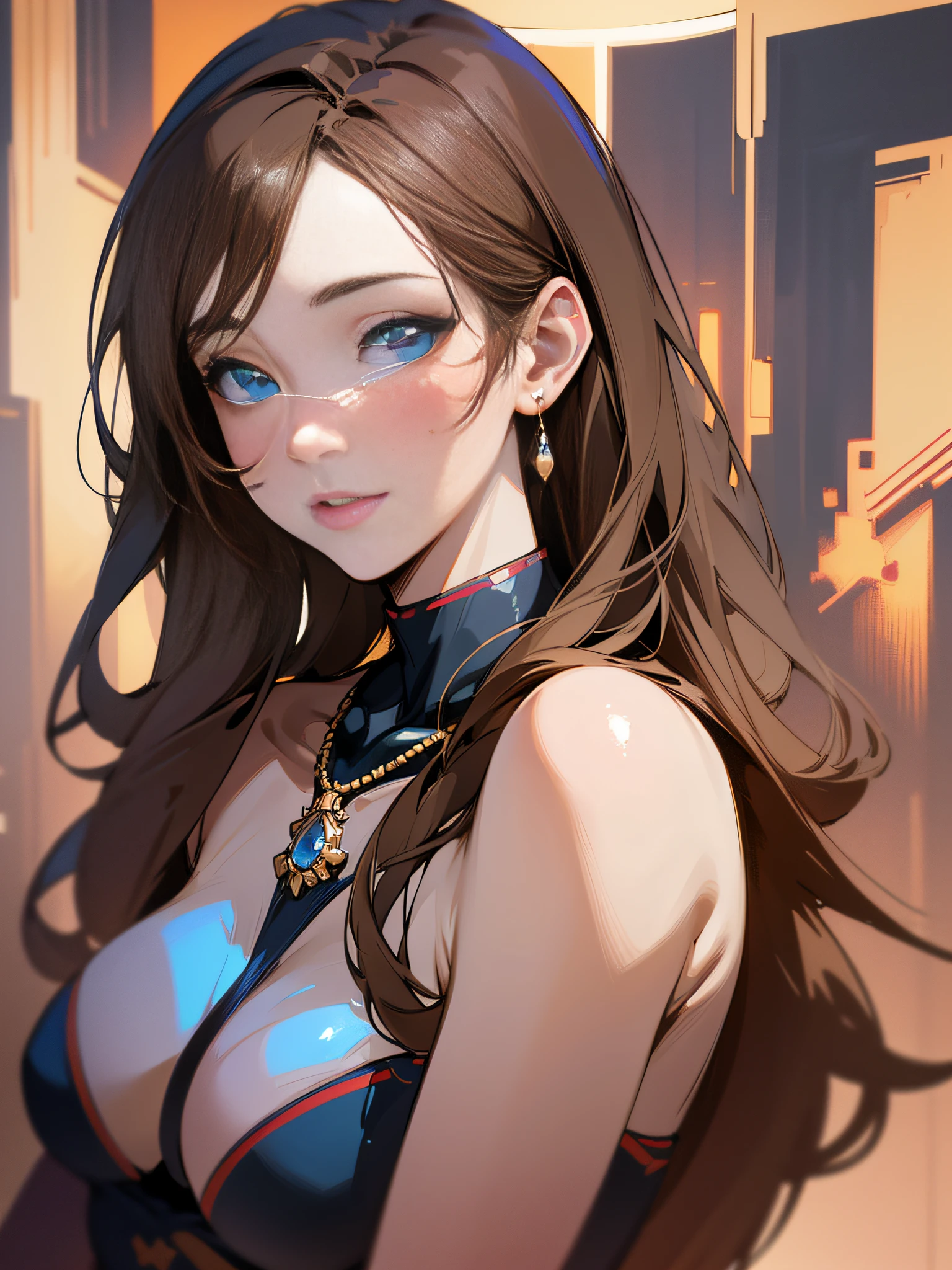 (Top Quality, 8k, 32k, Masterpiece, UHD: 1.2), Cute Japan Woman Photos, ((Woman posing with long light brown hair and blue eyes, love beauty, perfect face with realistic shading, realistic painting, precisionism, cowboy shot photo)), light smile, gorgeous necklaces and earrings, beautiful breasts, slouching angle from below (focus on the lower chest), The camera zooms in on the chest, (((sexy woman)), ((group of girls)), delicious lighting, blurred backgrounds, extraordinary costume design, seductive, charming, artistic and memorable poses. Volumetric lights that enhance the atmosphere. Girls surround sexy women, creating an interesting contrast in the overall composition. The colors are rich and contrasting. The images are attractive and have a high visual impact. --auto --s2