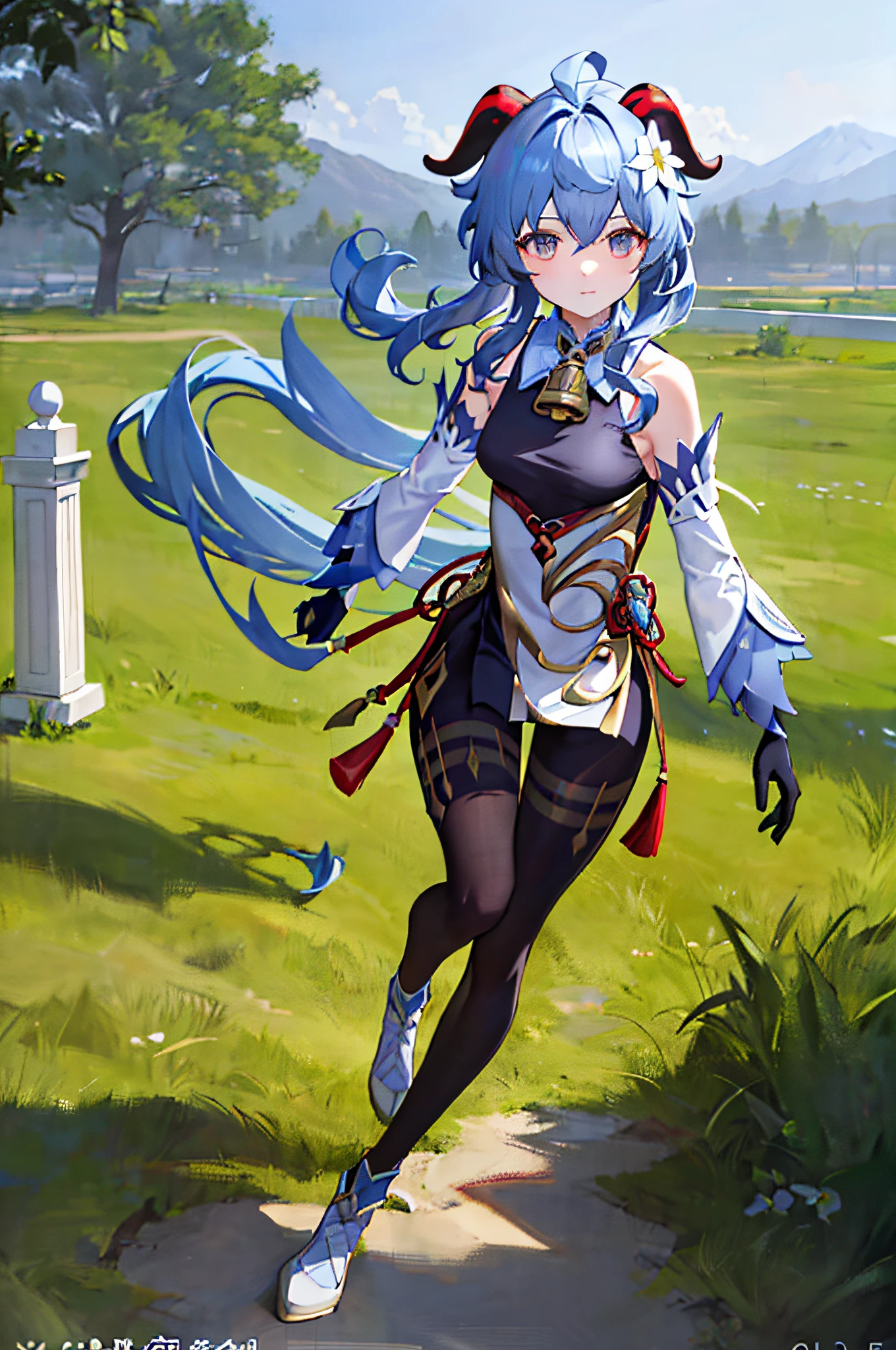 (photorealistic:1.4), (masterpiece, sidelighting, finely detailed beautiful eyes: 1.2), masterpiece*portrait, realistic, 3d face, ganyu \(genshin impact\), 1girl, ahoge, architecture, Bangs, bare shoulders, bells, black gloves, black tights, (blue hair), blush, beautiful breasts, Chinese knots, sleeves, flower knots, gloves, horns, long hair, looking at the audience, medium chest, neckbell, bow and arrow in hand, outdoors, grassland, running, fighting monsters