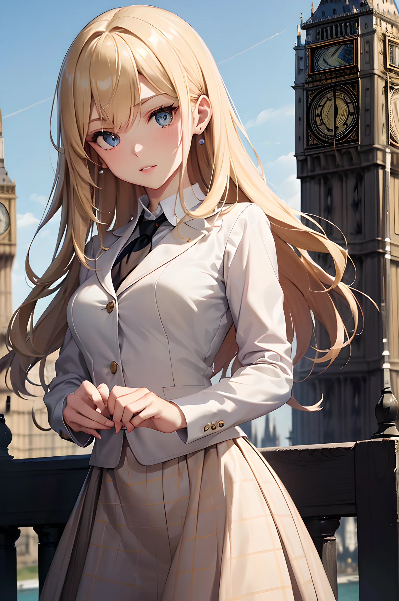(masterpiece), (portrait), (aesthetic), (beautiful), (upper blody), (high quality), (aesthetic clothings), (professional angle), (rule of thirds), (Feminine), (woman), (female), (beautiful),(feminine features), (25 years), solo, 1 woman, (attractive British), Autumn, Warm light, (Standing), Natural Makeup, (Medium bust), (()), (Front face), (Refined expression), ((Classic Mood)), Pearl Necklace, ((Medium hair)), (Blonde hair), (Straight hair), (Silky hair), Glossy shine hair, (Hairpin in hair), (Blue eyes), (Elegant look), (Fair skin), (Tweed clothing), (Blazer), (Blouse), (Skirt), Collar neckline), ((Big Ben in background)), (some people in background), (Medium shot), beautiful hands, two hands, normal hands, two arms, complete hands, beautiful body, beautiful fingers, normal fingers, five fingers, five fingers, (Thumb index meddle ring little fingers), beautiful ears, normal ears, beautiful eyes, shiny eyes, beautiful mouth, beautiful lips,