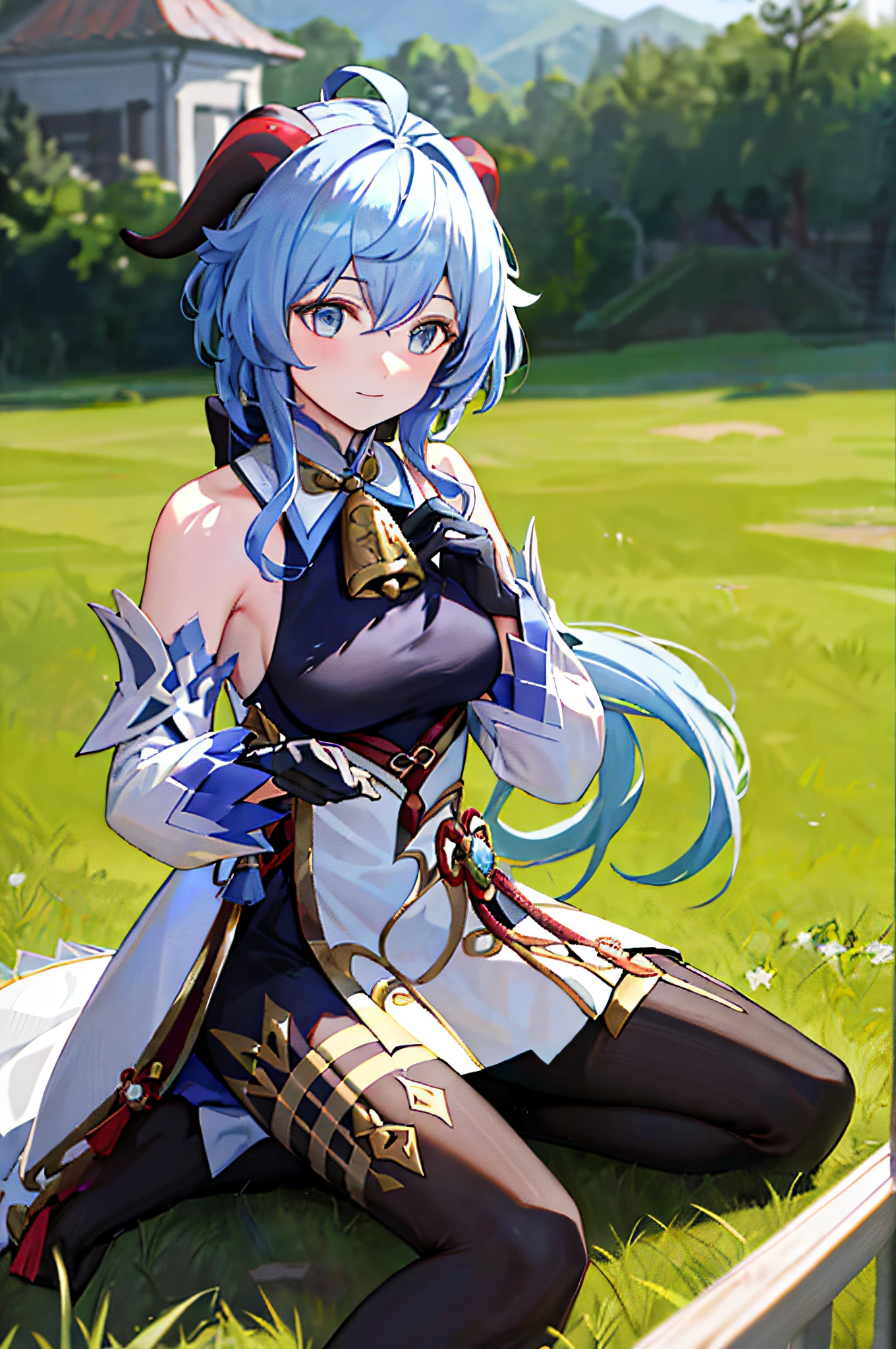 (photorealistic:1.4), (masterpiece, sidelighting, finely detailed beautiful eyes: 1.2), masterpiece*portrait, realistic, 3d face, ganyu \(genshin impact\), 1girl, ahoge, architecture, Bangs, bare shoulders, bells, black gloves, black tights, (blue hair), blush, beautiful breasts, Chinese knots, sleeves, flower knots, gloves, horns, long hair, looking at the audience, medium chest, neckbell, bow and arrow in hand, outdoors, grassland, running, fighting monsters