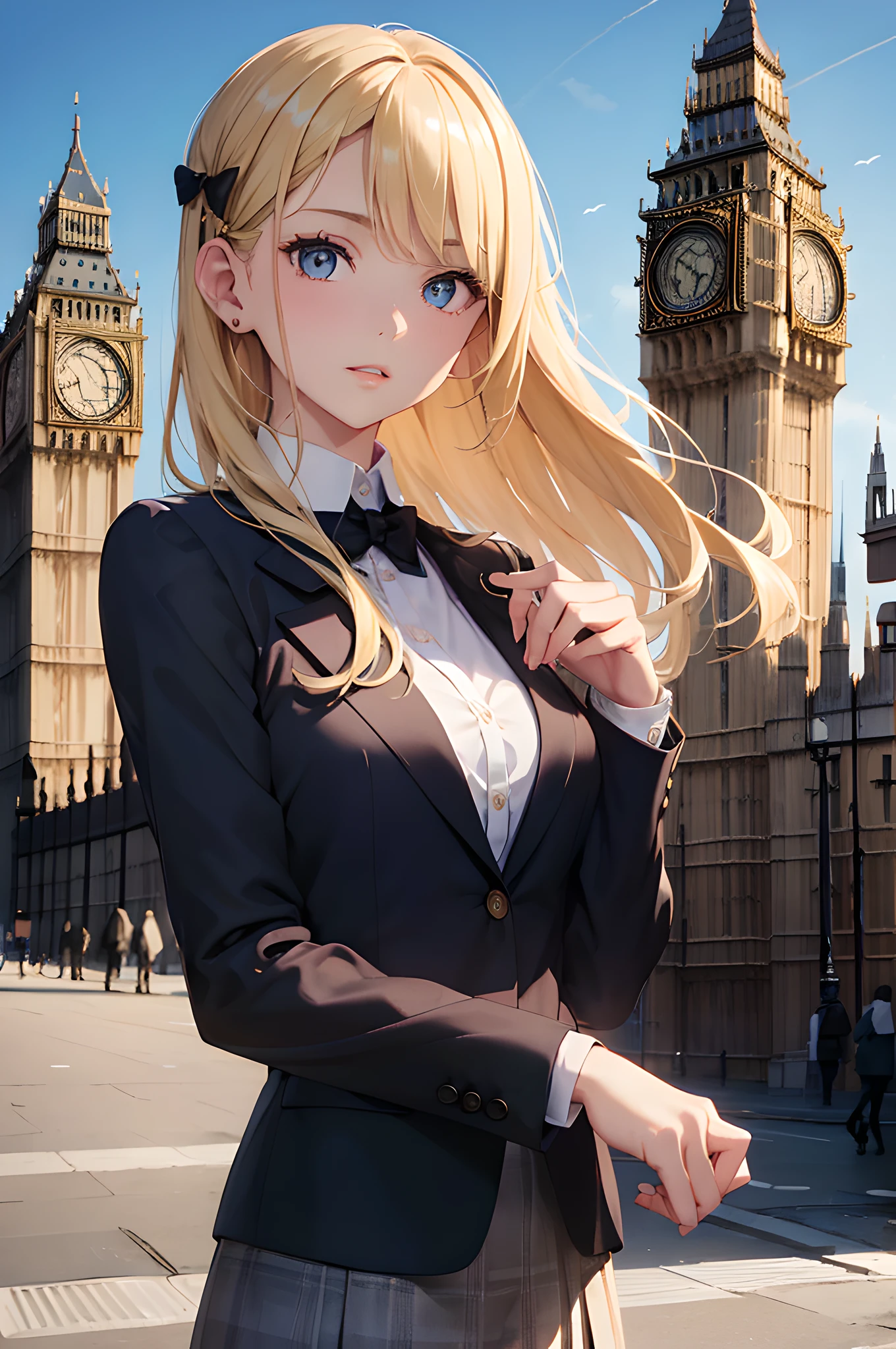 (masterpiece), (portrait), (aesthetic), (beautiful), (upper blody), (high quality), (aesthetic clothings), (professional angle), (rule of thirds), (Feminine), (woman), (female), (beautiful),(feminine features), (25 years), solo, 1 woman, (attractive British), Autumn, Warm light, (Standing), Natural Makeup, (Medium bust), (()), (Front face), (Refined expression), ((Classic Mood)), Pearl Necklace, ((Medium hair)), (Blonde hair), (Straight hair), (Silky hair), Glossy shine hair, (Hairpin in hair), (Blue eyes), (Elegant look), (Fair skin), (Tweed clothing), (Blazer), (Blouse), (Skirt), Collar neckline), ((Big Ben in background)), (some people in background), (Medium shot), beautiful hands, two hands, normal hands, two arms, complete hands, beautiful body, beautiful fingers, normal fingers, five fingers, five fingers, (Thumb index meddle ring little fingers), beautiful ears, normal ears, beautiful eyes, shiny eyes, beautiful mouth, beautiful lips,