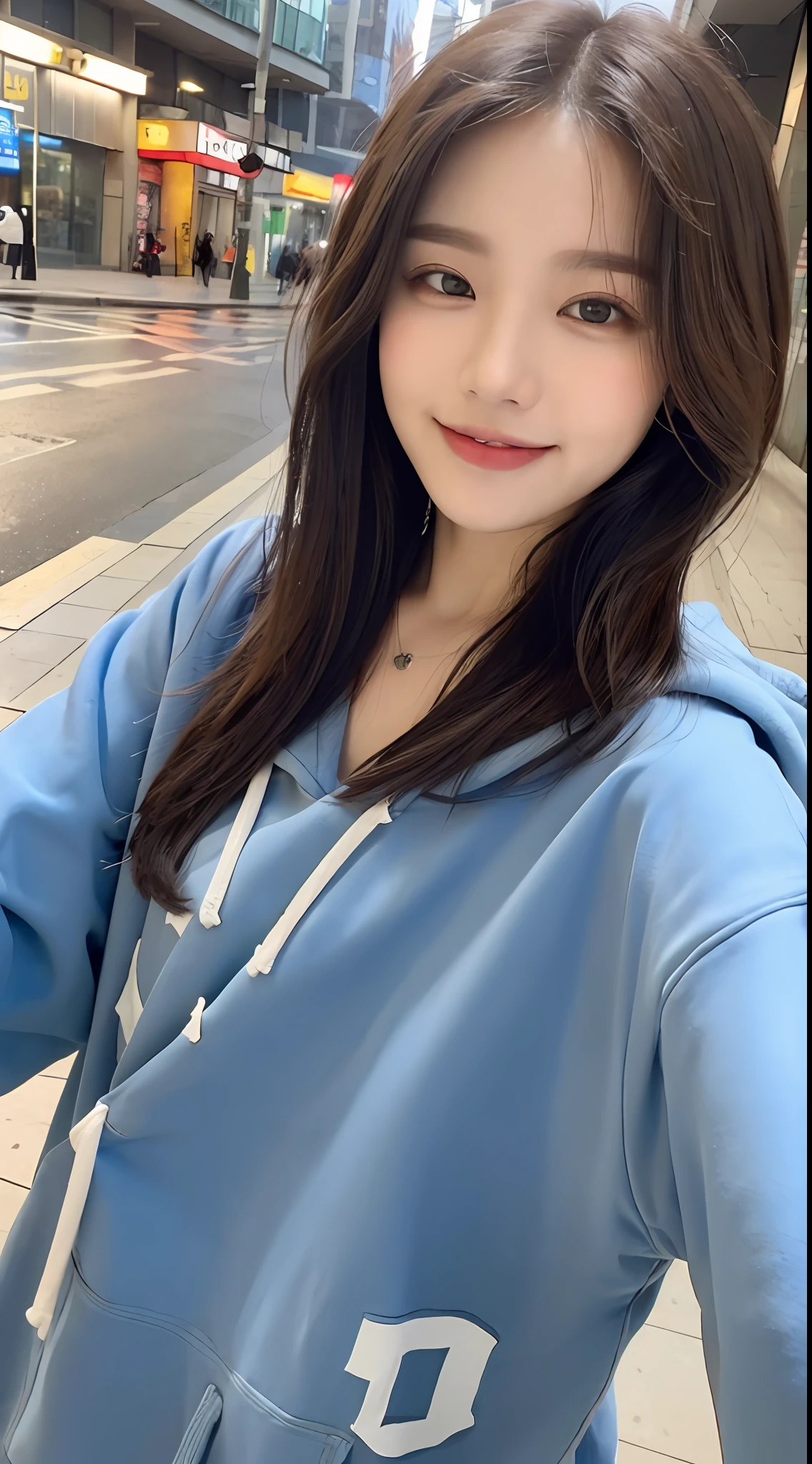 ((Top Quality, 8K, Masterpiece: 1.3)), Focus: 1.2, Perfect Body Beauty: 1.4, Ass: 1.2, ((Layered Haircut, Small: 1.2)), (Wet Clothes: 1.1), (Rain, Street: 1.3), Blue Hoodie: 1.1, Highly Detailed Face and Skin Texture, Narrow Eyes, Double Eyelids, Whitening Skin, Long Hair, (Shut Up: 1.3), Smile