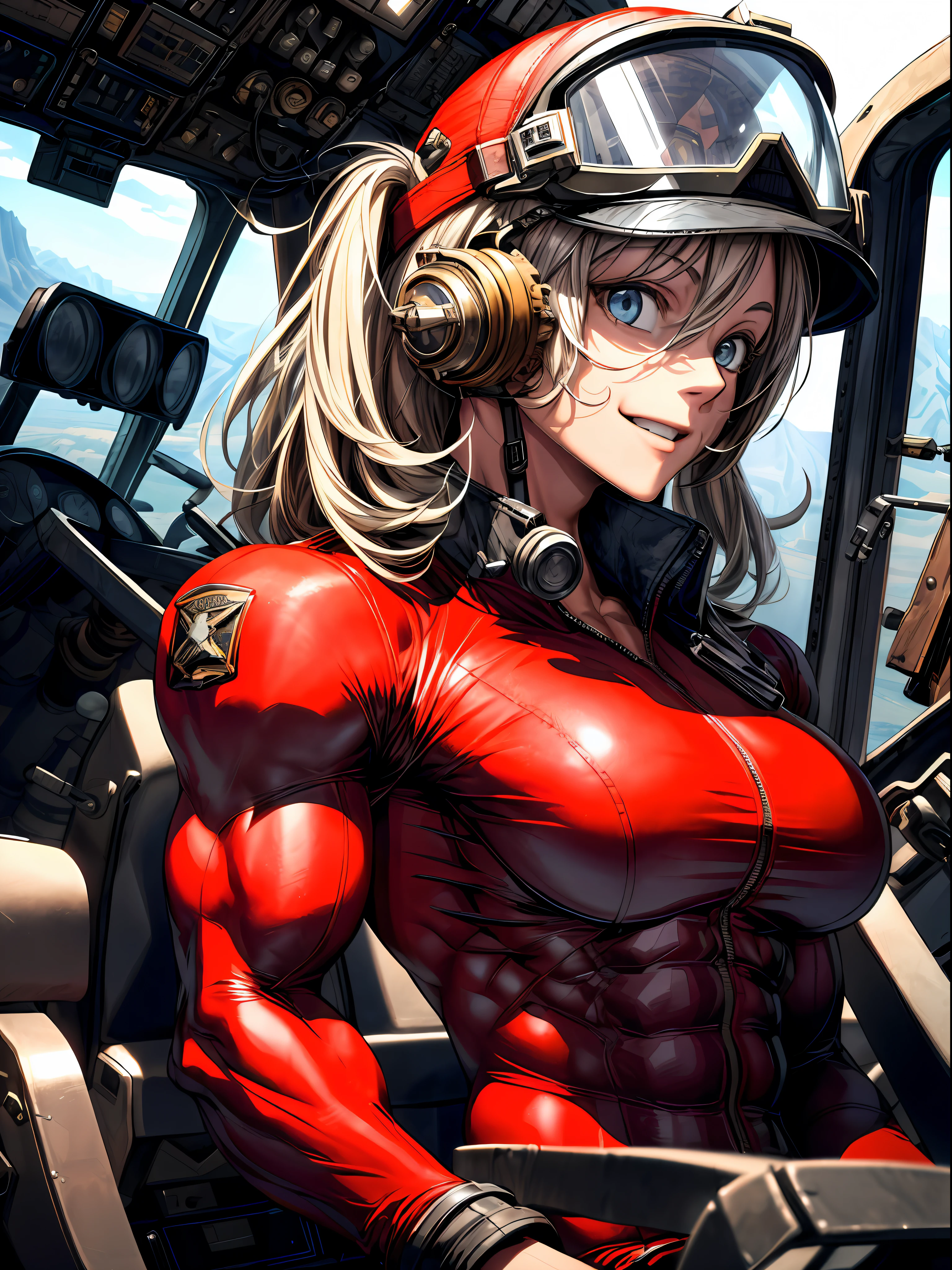 (best lighting) , (super-complex details) , 4K unified, (super-detailed CG: 1.2) , (8K: 1.2),(original), (masterpiece) , (best quality),(Masterpiece:1.4),Anime-ish high quality,(masterpiece),masterpiece, best quality, absurdres,((Masterpeace, 4k, 8k, highres))1girl,1girl, she is the pilot of an old doppeldecker plane, old leather pilot helmet, leather pilot jacker, leather pilot goggles, upper body view, view from side, she is laughing, intense eyes, flying over vast landscapes, red doppeldecker plane, perfect breasts
, ((body builder:1.5)),temple background,(beautiful bace),(girl),(female),(((upper body:1))),from front