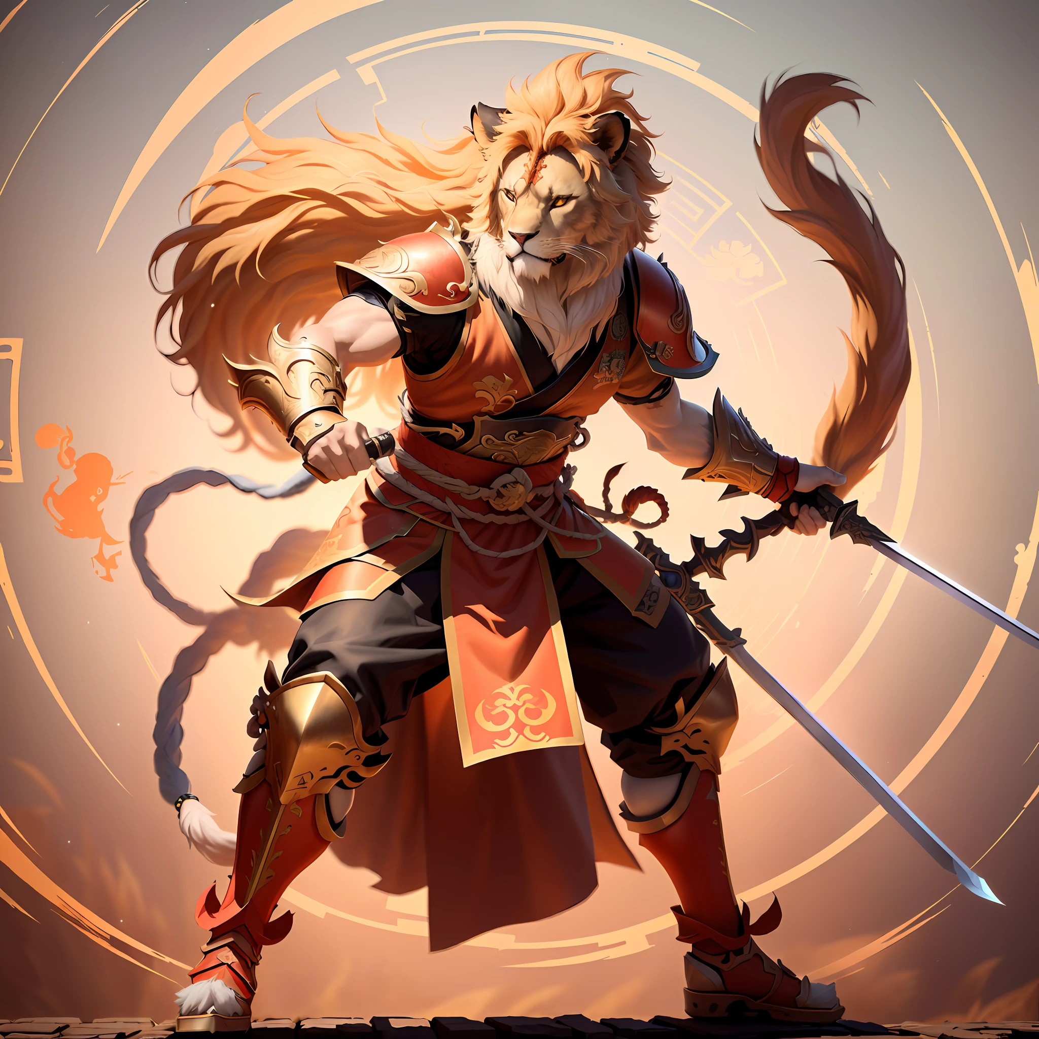 there is a picture of a lion with a sword and armor, sun wukong, lion warrior, wukong, cat warrior, akira from chinese mythology, zhongli from genshin impact, onmyoji detailed art, badass anime 8 k, g liulian art style, keqing from genshin impact, ne zha from smite