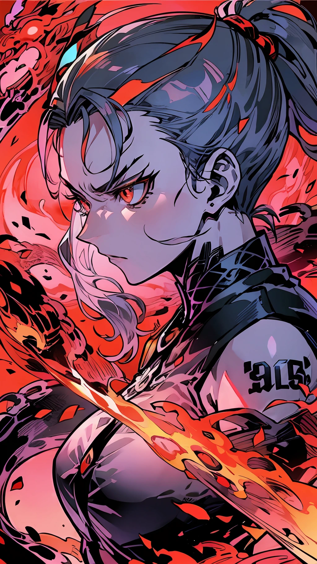 A beautiful girl with delicate facial features, white single ponytail, demon horns on her head, tattoos on her face, golden glowing eyes, a glowing long sword, monster in the background mist, from the side, fierce eyes, extremely angry expression, roar, battle posture drawing,