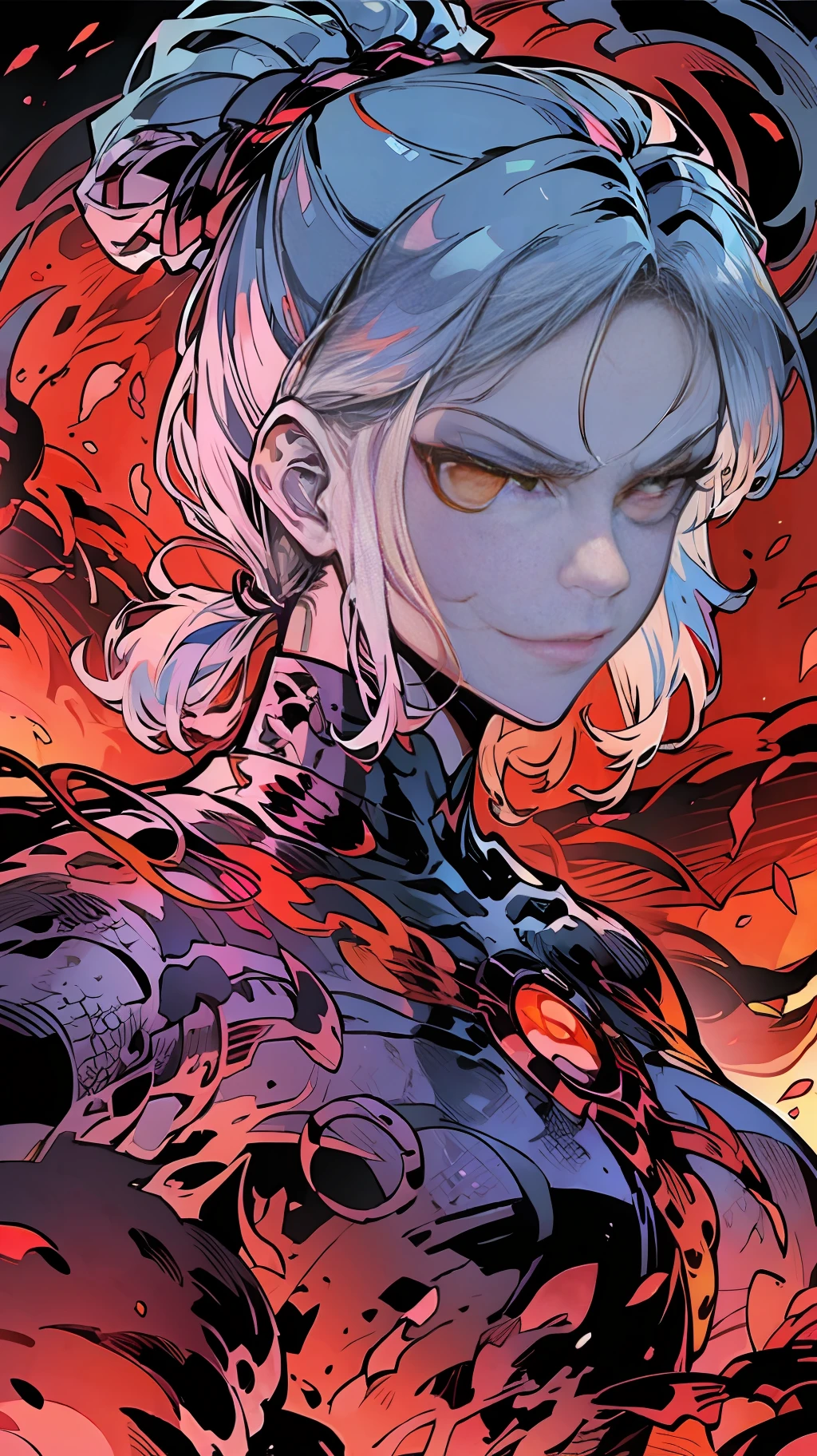 A beautiful girl with delicate facial features, white single ponytail, demon horns on her head, tattoos on her face, golden glowing eyes, a glowing long sword, monster in the background mist, from the side, fierce eyes, extremely angry expression, roar, battle posture drawing,