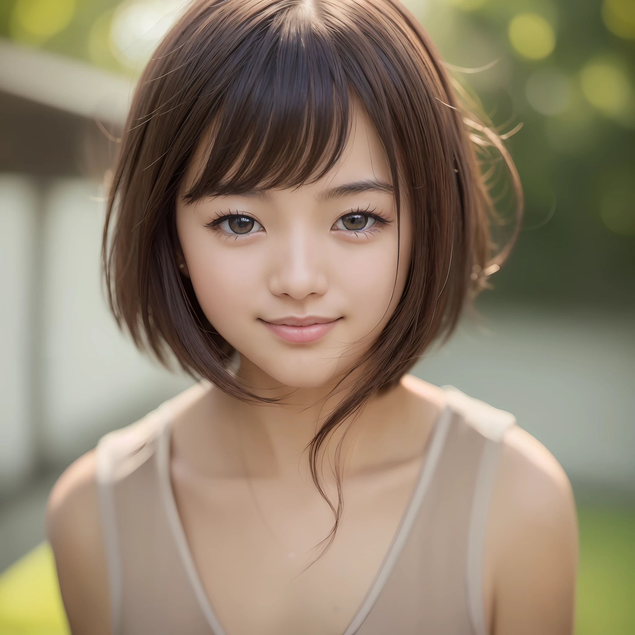 Top Quality, Face Focus, Soft Light, (Depth of Field), Ultra High Resolution, (Photorealistic: 1.4), RAW Photo, (Portrait: 1.4), (Portrait: 1.4), 1 Japan Girl, Solo, Cute, (Shy, Smile: 1.1), (Brown Eyes), Detailed Beautiful Face, (Short Hair), --auto --s2