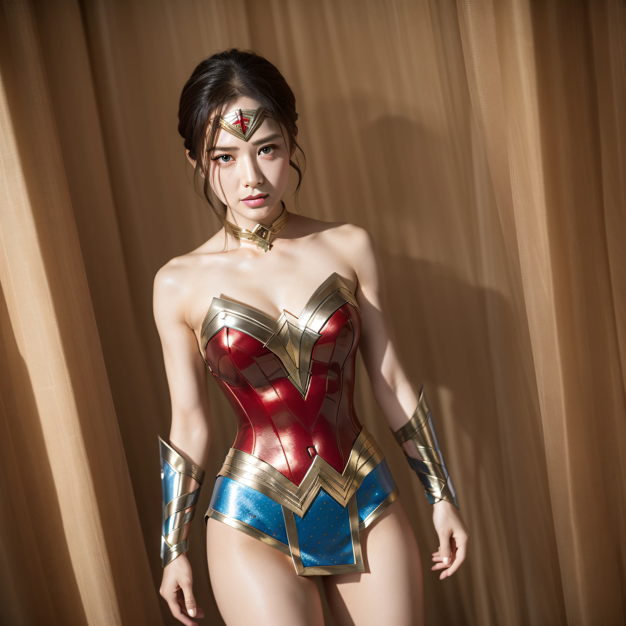 (Masterpiece: 1.5), (Best Quality: 1.5), High Definition, High Detail, 3DXR, 3DMM,1 Girl, Solo, Skin Highlight, Sharp, Clear,Female Body Set Big,Wonder Woman Costume Dress