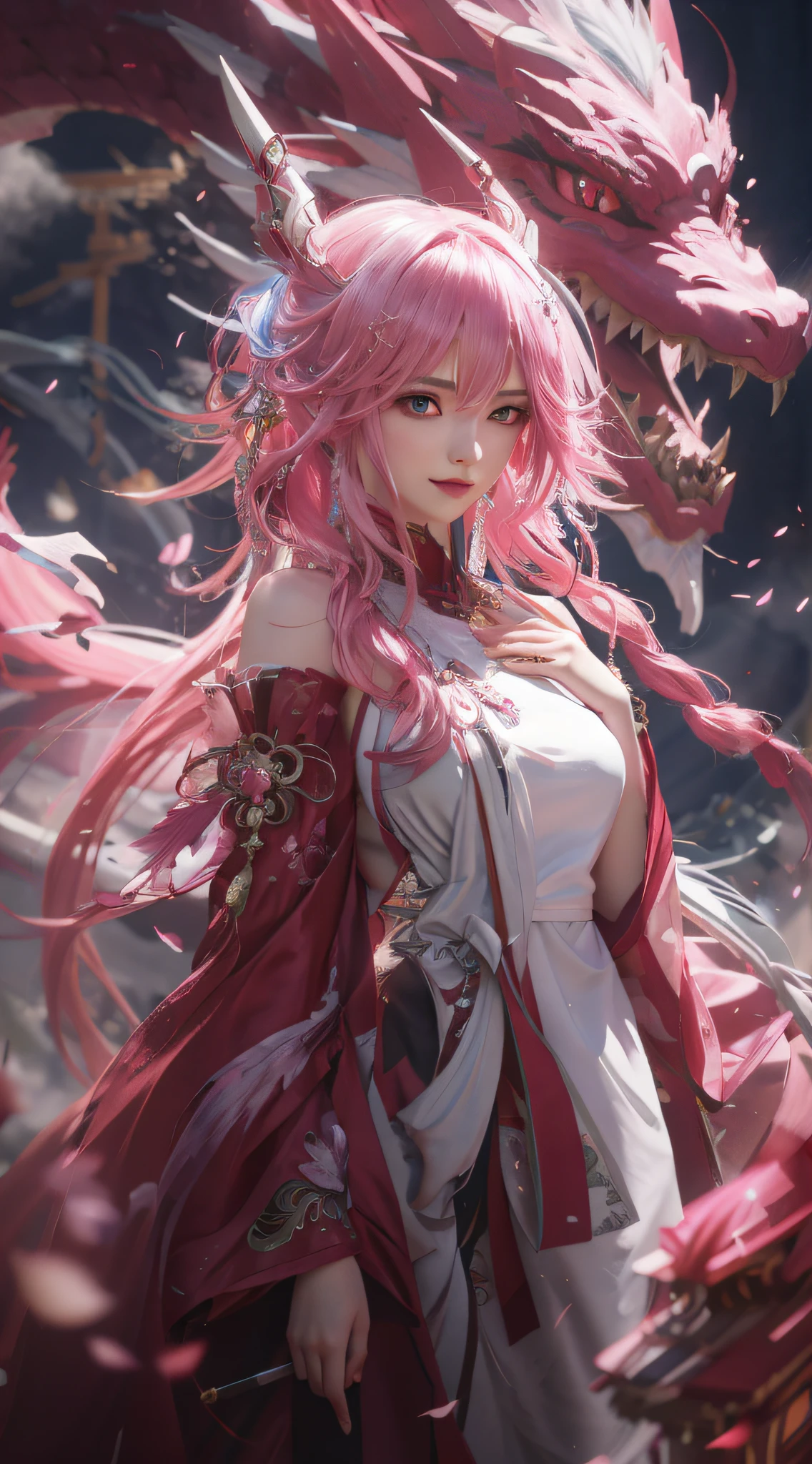 Anime girl with pink hair and dragon-like headdress, bright color, highlight, popular in ArtStation Pixiv, detailed digital anime art, 2. 5 D CGI Anime Fantasy Artwork, Güvez on pixiv artstation, Güvez pixiv on Art Station, Ross Tran 8 K, Anime Fantasy Art, Best Art Station for Doujin Art, 8k High Quality Detail Art, Anime Fantasy Illustration