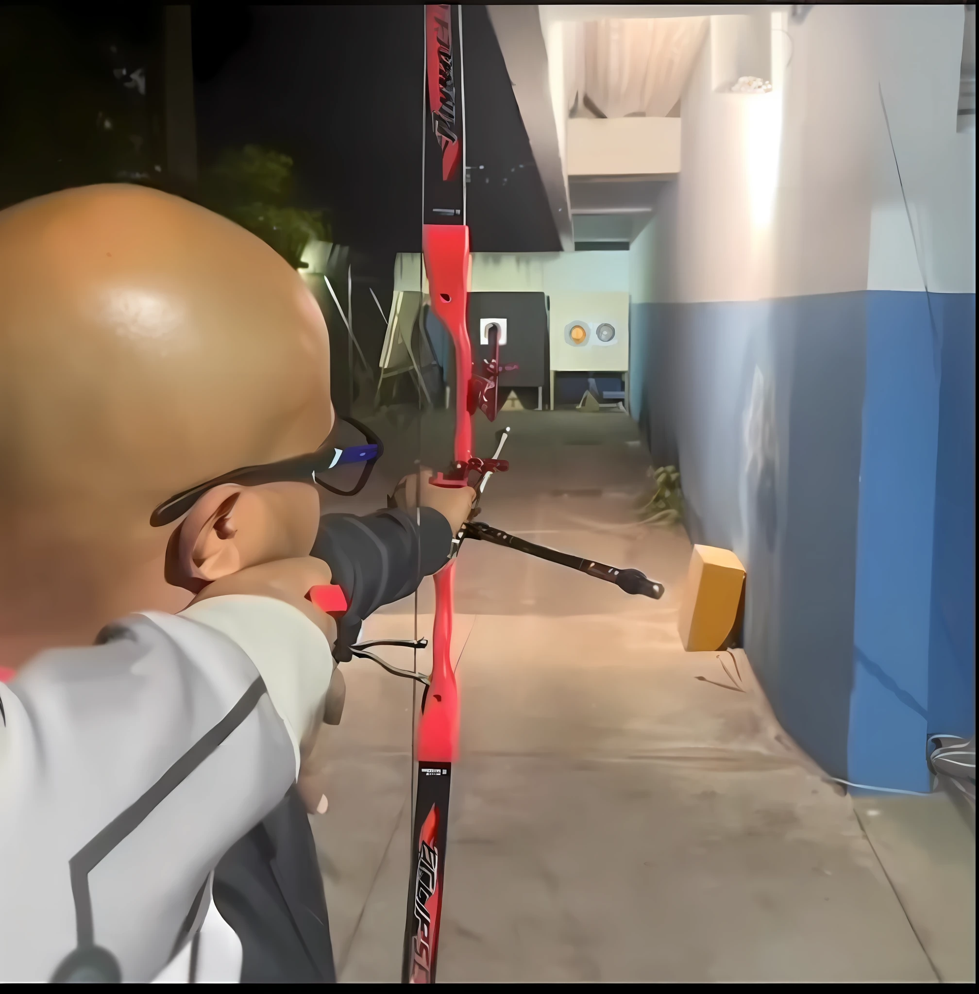Anime style, arabarched man pointing a bow at a target in a building, pointing a bow and arrow, wielding a bow, aiming, pointing his bow, holding bow and arrow, heroic archery pose, bow and arrow, bow and arrow, holding a bow and arrow, with bow and arrow, archer, holding a bow, holding mechanical bow and arrow