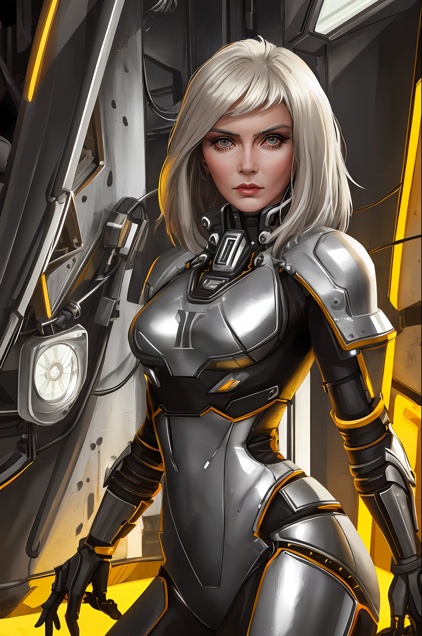 ((Debbie Harry)), 1mechanical girl,((ultra realistic details)), portrait, global illumination, shadows, octane render, 8k, ultra sharp,metal,intricate, ornaments detailed, cold colors, egypician detail, highly intricate details, realistic light, trending on cgsociety, glowing eyes, facing camera, neon details, machanical limbs,blood vessels connected to tubes,mechanical vertebra attaching to back,mechanical cervial attaching to neck,sitting,wires and cables connecting to head