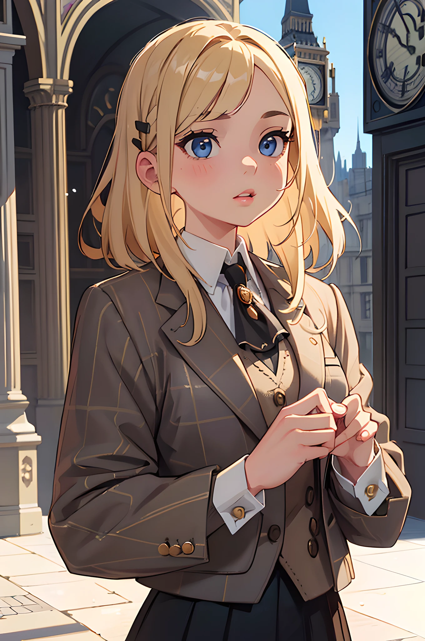(masterpiece), (portrait), (aesthetic), (beautiful), (upper blody), (high quality), (aesthetic clothings), (professional angle), (rule of thirds), (Feminine), (woman), (female), (beautiful),(feminine features), (25 years), solo, 1 woman, (attractive British), Autumn, Warm light, (Standing), Natural Makeup, (Medium bust), (()), (Front face), (Refined expression), ((Classic Mood)), Pearl Necklace, ((Medium hair)), (Blonde hair), (Straight hair), (Silky hair), Glossy shine hair, (Hairpin in hair), (Blue eyes), (Elegant look), (Fair skin), (Tweed clothing), (Blazer), (Blouse), (Skirt), Collar neckline), ((Big Ben in background)), (some people in background), (Medium shot), beautiful hands, two hands, normal hands, two arms, complete hands, beautiful body, beautiful fingers, normal fingers, five fingers, five fingers, (Thumb index meddle ring little fingers), beautiful ears, normal ears, beautiful eyes, shiny eyes, beautiful mouth, beautiful lips,