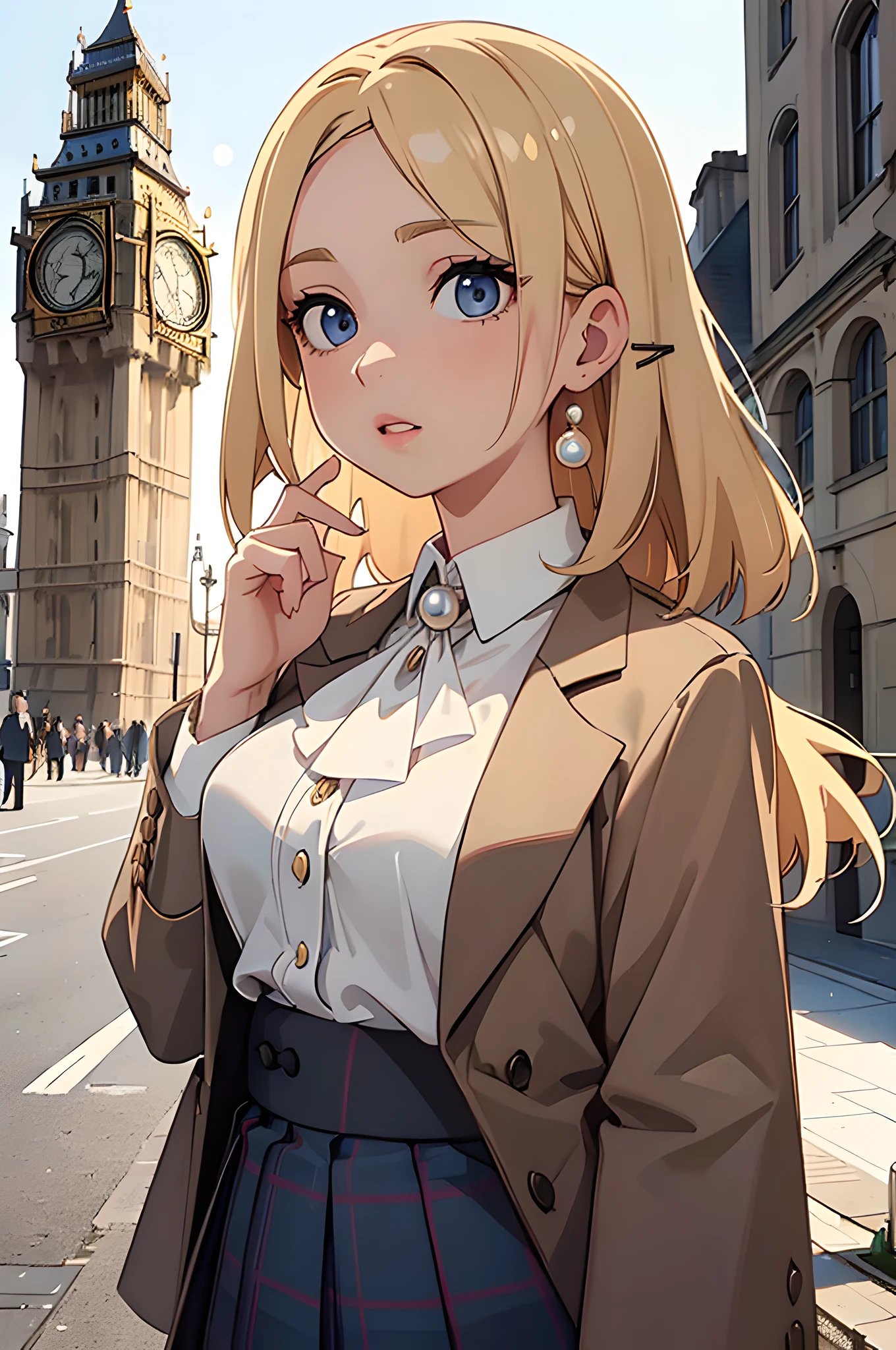 (masterpiece), (portrait), (aesthetic), (beautiful), (upper blody), (high quality), (aesthetic clothings), (professional angle), (rule of thirds), (Feminine), (woman), (female), (beautiful),(feminine features), (25 years), solo, 1 woman, (attractive British), Autumn, Warm light, (Standing), Natural Makeup, (Medium bust), (()), (Front face), (Refined expression), ((Classic Mood)), Pearl Necklace, ((Medium hair)), (Blonde hair), (Straight hair), (Silky hair), Glossy shine hair, (Hairpin in hair), (Blue eyes), (Elegant look), (Fair skin), (Tweed clothing), (Blazer), (Blouse), (Skirt), Collar neckline), ((Big Ben in background)), (some people in background), (Medium shot), beautiful hands, two hands, normal hands, two arms, complete hands, beautiful body, beautiful fingers, normal fingers, five fingers, five fingers, (Thumb index meddle ring little fingers), beautiful ears, normal ears, beautiful eyes, shiny eyes, beautiful mouth, beautiful lips,