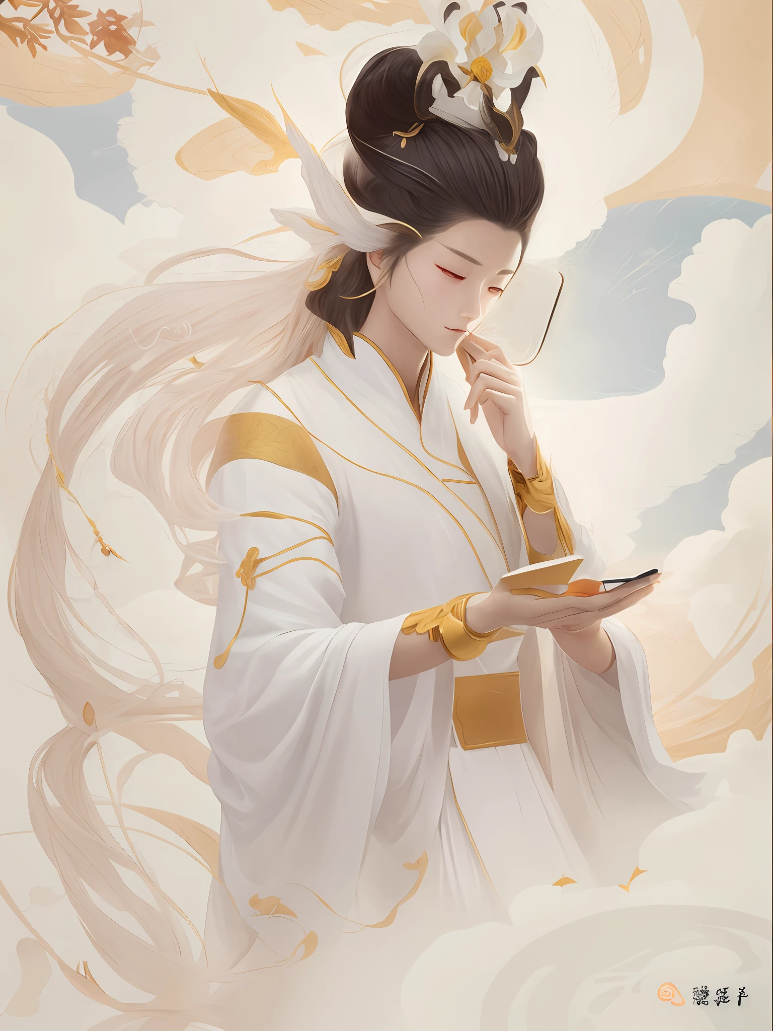 There is a male god in a white Hanfu robe, the goddess is checking her cell phone, by Yang J, a Guvez style artwork, by Fan Qi, (the beautiful god of music)), inspired by Ai Xuan, Art Germ and Atigairan, beautiful fantasy fairy, palace, man in Hanfu, beautiful figure painting
