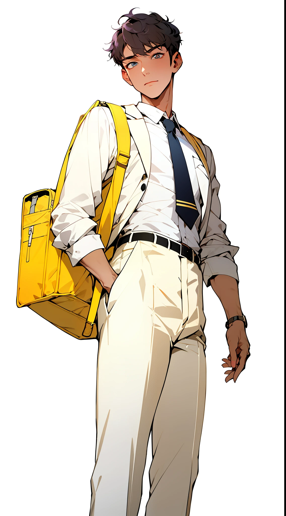 ((Masterpiece, Superb Aesthetics)), 2 male, (older brother and younger brother), close-up, (cute eyes and resolute eyes), (1 Jeongta, Korean school uniform, white shirt, knitted vest, trousers), (1 president, black blazer, white shirt, tie, trousers), (short black hair) (short brown hair), (handsome boy), (clear facial features, detailed skin texture, handsome face), school bag, white background, yellow skin, standing, (masterpiece, top quality, Best Quality), (((Flat Color))),