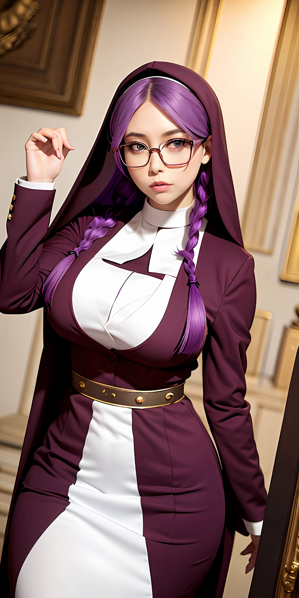 best quality, masterpiece, purple hair, gold eyes, secretary clothes, looking up, upper body,hair strand,Fair skin,side braids, big boobs, tan skin, maroon glasses, nun outfit