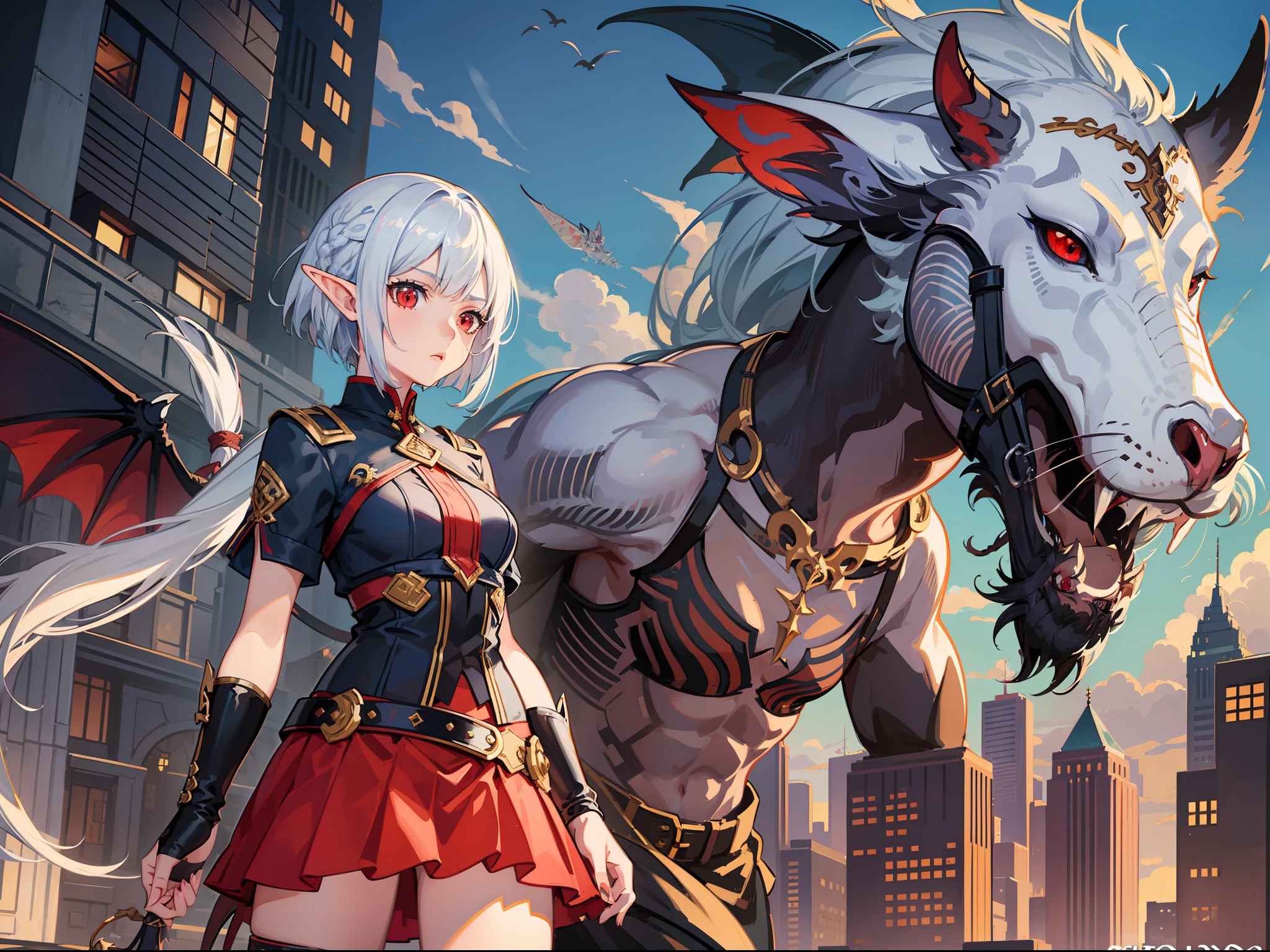 1 girl and dragon, dragon, elf, silver hair, bob cut, braid, red eyes, mini skirt, dragon charmer, concept art, beautiful anime scene, beautiful anime scenery, top rated on pixiv, highest quality, 4K