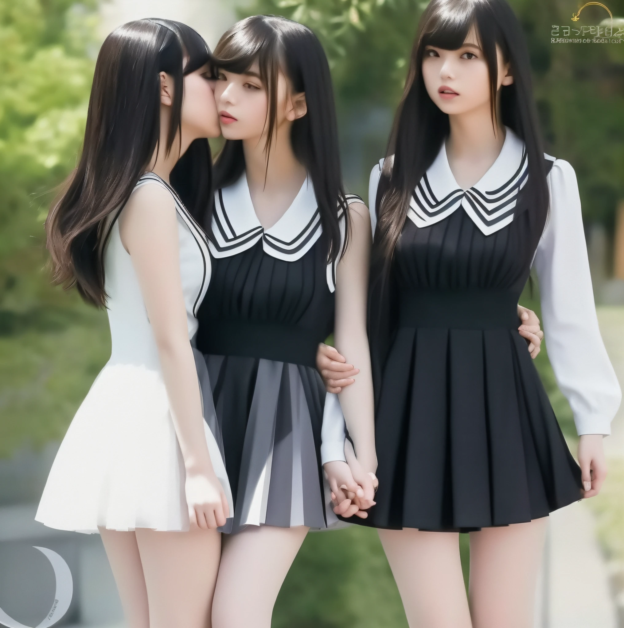 masterpiece, top quality, full body, bangs, black choker, 2girls, lily, lesbian kiss, kiss, (black hair), long hair, hug, cleavage, bountiful breasts, summer sailor suit, slim, see-through, micro mini skirt, pleated skirt,