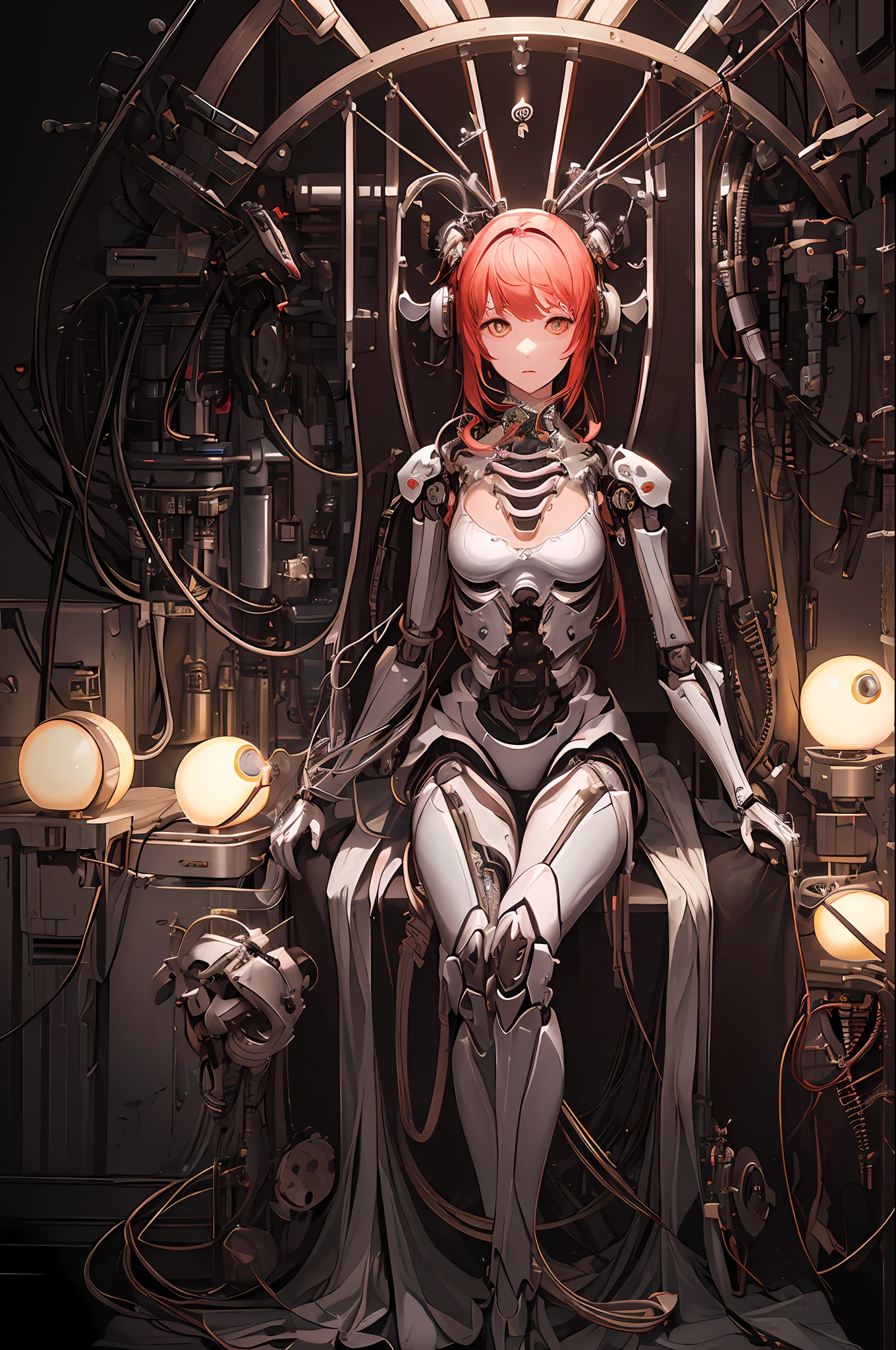 (((Masterpiece)))), (((highest quality)))), ((Ultra Definition)), (Very Fine Photoreality), ((Very Delicate and Beautiful)), (Delicate and Pretty Face), Cinematic Light, (((Machine Girl 1)), Solo, Full Body, Big, Cleavage Is Visible Skin, (Mechanical Joints: 1.4), (Mechanical Limbs)), (Blood vessels connected to tubes), (( Mechanical vertebrae attached to the back)), ((Mechanical cervical vertebrae) attached to the neck)), (((sitting)), Expressionless, (wires and cables attached to the head and body: 1.5), (Character Focus), Small LED lamp SF, detailed neon