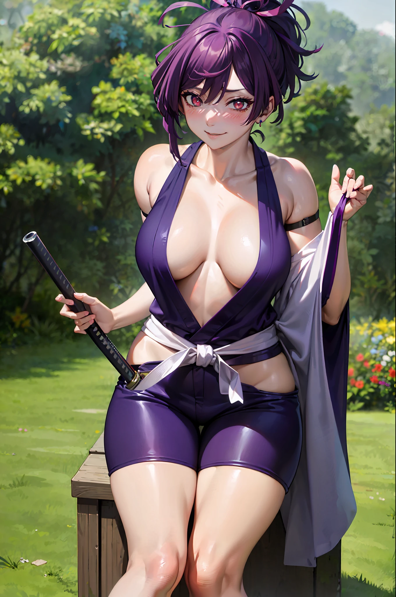 best quality, masterpiece, (leaning over:1.4),
1girl, yuzuriha_(jigokuraku), purple hair, brown eyes, ninja, open clothes, cleavage, small breasts, topknot, medium hair, breasts apart, seductive smile, pants, undressing, (blush:1.1), japanese exterior, temple,