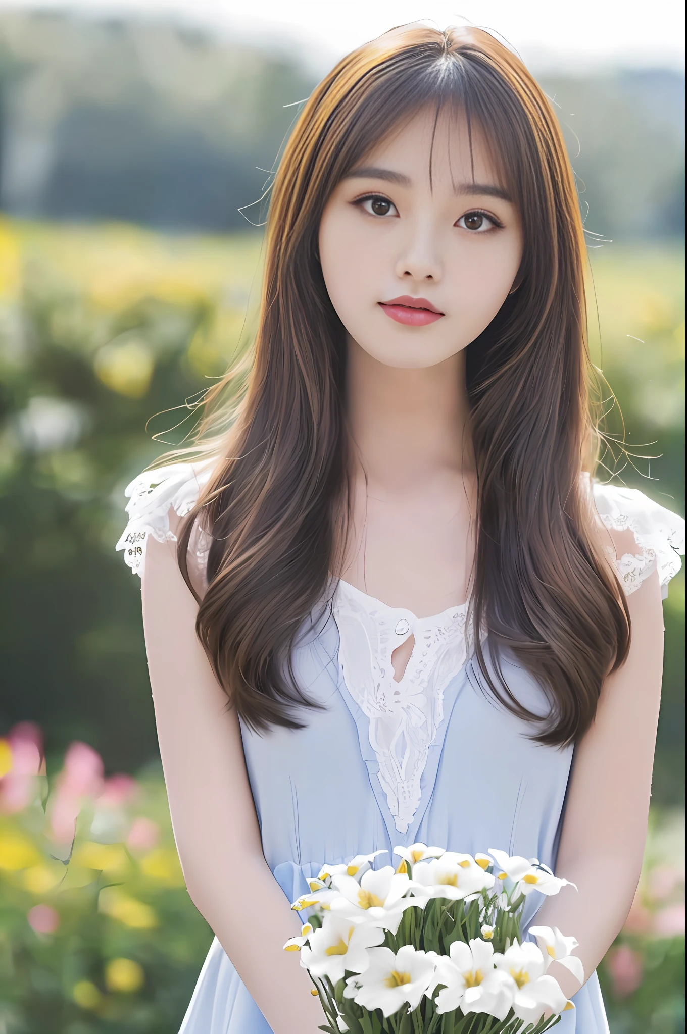 1 girl, extremely beautiful, 8k wallpaper, fine details, very detailed eyes and face, beautiful eye details, (RAW photos, best quality), (photo realism: 1.3), light face, full body, (triangle face), (light brown hair: 1), long hair, (big) eyes), ((puffy eyes), (Kpop idol), bangs,), (garden) thin, (eyes), (swollen), happy, looking at the audience, forward-facing photo, fashion lace slip dress, (blue sky, white clouds, grass, flowers).The background is clearly visible