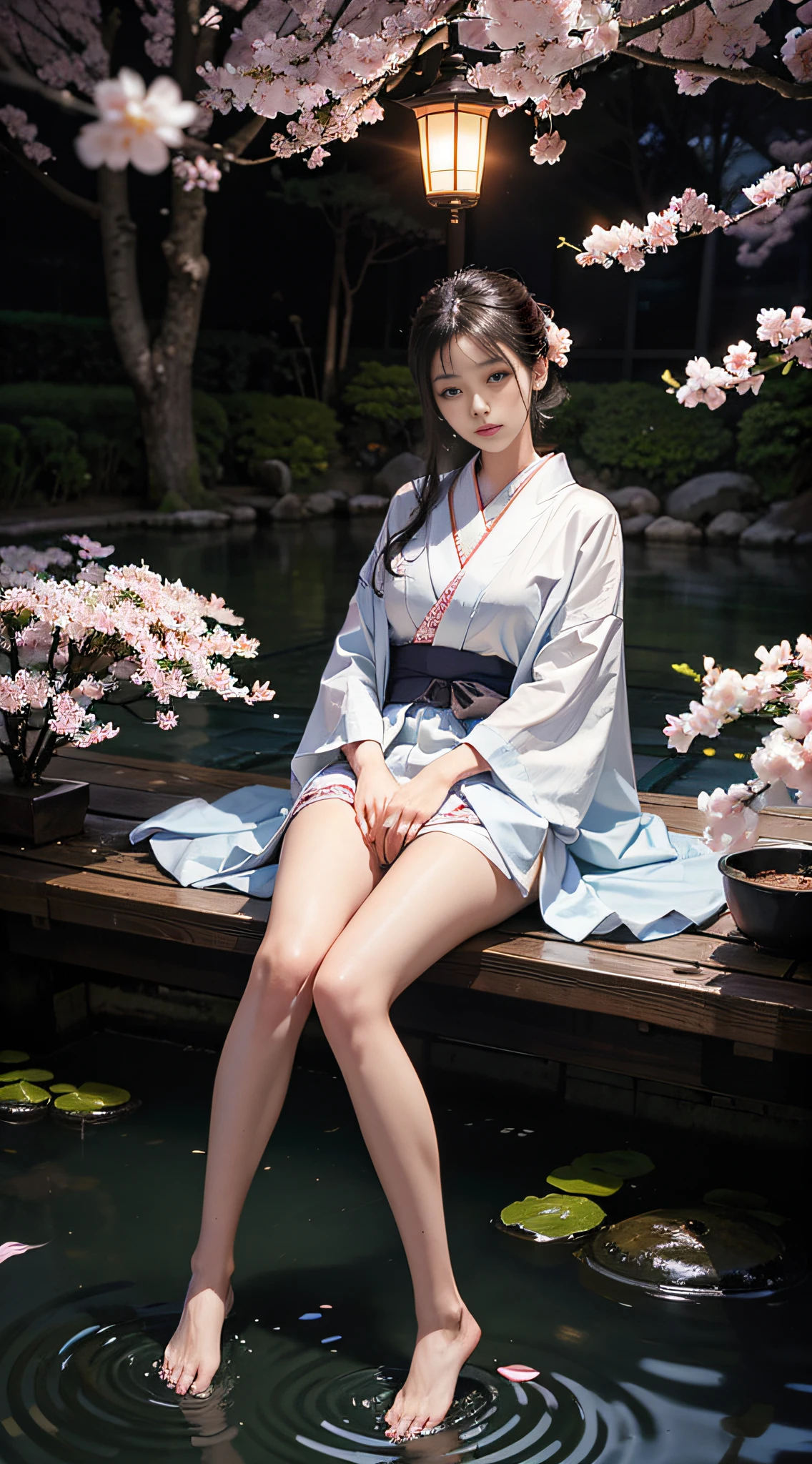High quality, best quality, a woman, slippery kimono, (late night in a Japanese-style garden: 2), (dim street lamp: 1.2), (soft moonlight: 1.5), under the cherry blossom trees, showing a lonely look, (dim tones: 2), (light tones: 2), (Anatomically correct: 1.5), (Nudity: 2), High Detail, Realism, High Resolution, 4K, Ccurate, Slim Figure, Live Action Masterpiece, Rich Colors, Fine Detail, Surreal, 50mm Lens, Portrait Photography, 35mm Film, Natural Blur,