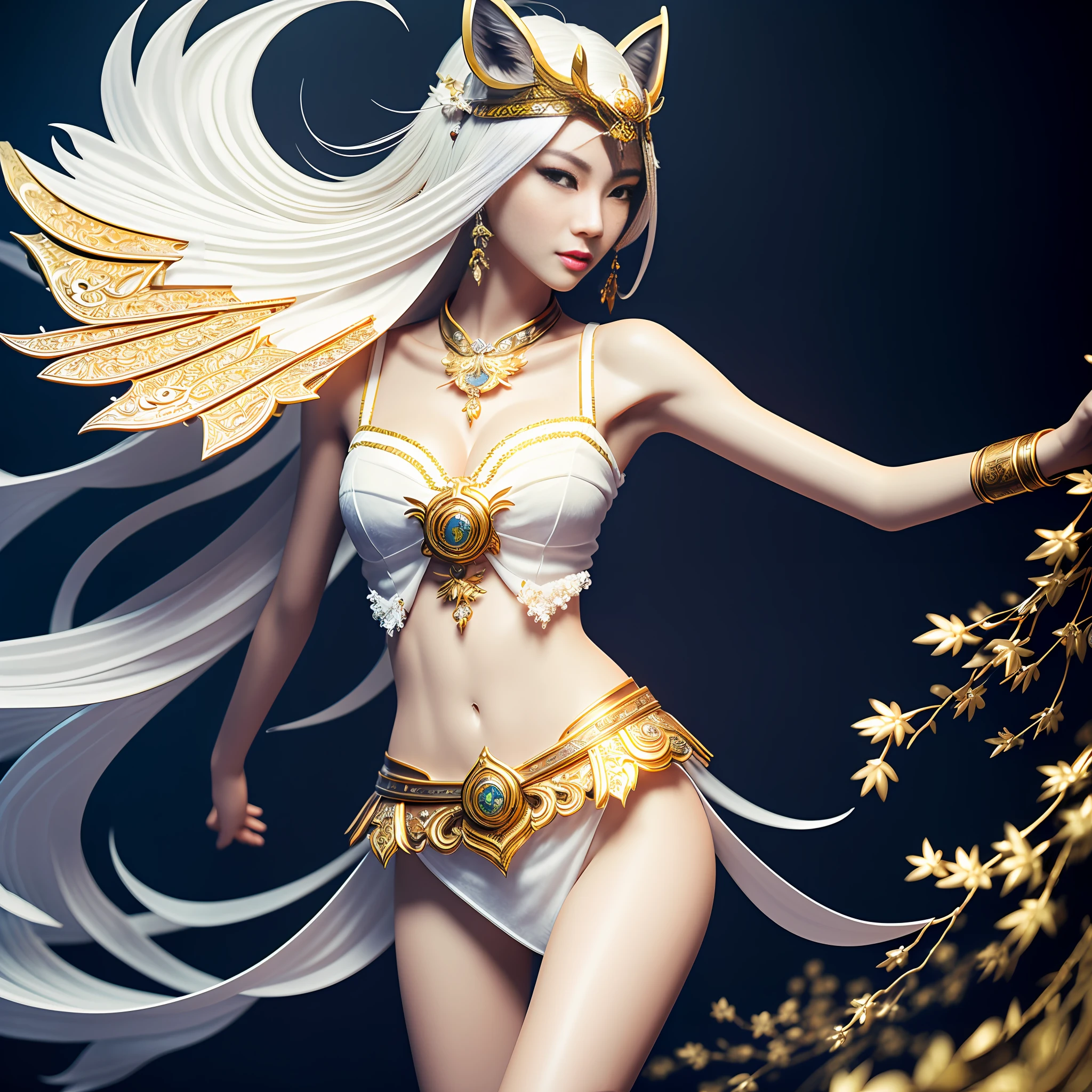Korean, masterpiece, best quality, high quality, extremely detailed CG unity 8k wallpaper, (realistic, Photo real: 1.3), (RAW photo: 1.2), Woman body set medium breasts, exposed breasts, full and natural breasts, crisp breasts, tender white complexion, straight buttocks, (transparent tong), surreal, 8K, original photo, film grain, super high resolution, super detail, tall, very clear face, slender long legs, a pair of snow-white slender beautiful legs, like ivory carved jade legs, perfect proportion and length, stunning face, melon seed face, qiong nose cherry lips, eyebrows picturesque, amorous, charming, slender and slender waist, close-up of a woman in gold and white clothing, super detailed rendering, 3 D rendering character art 8 K, complex white and gold armor, full samurai armor fox, high detail iconic character, 8K rendering, octane rendering, octane rendering, super detail octane rendering, super detailed octane rendering, super detailed 3 d rendering, futuristic style fox demon --auto --s2