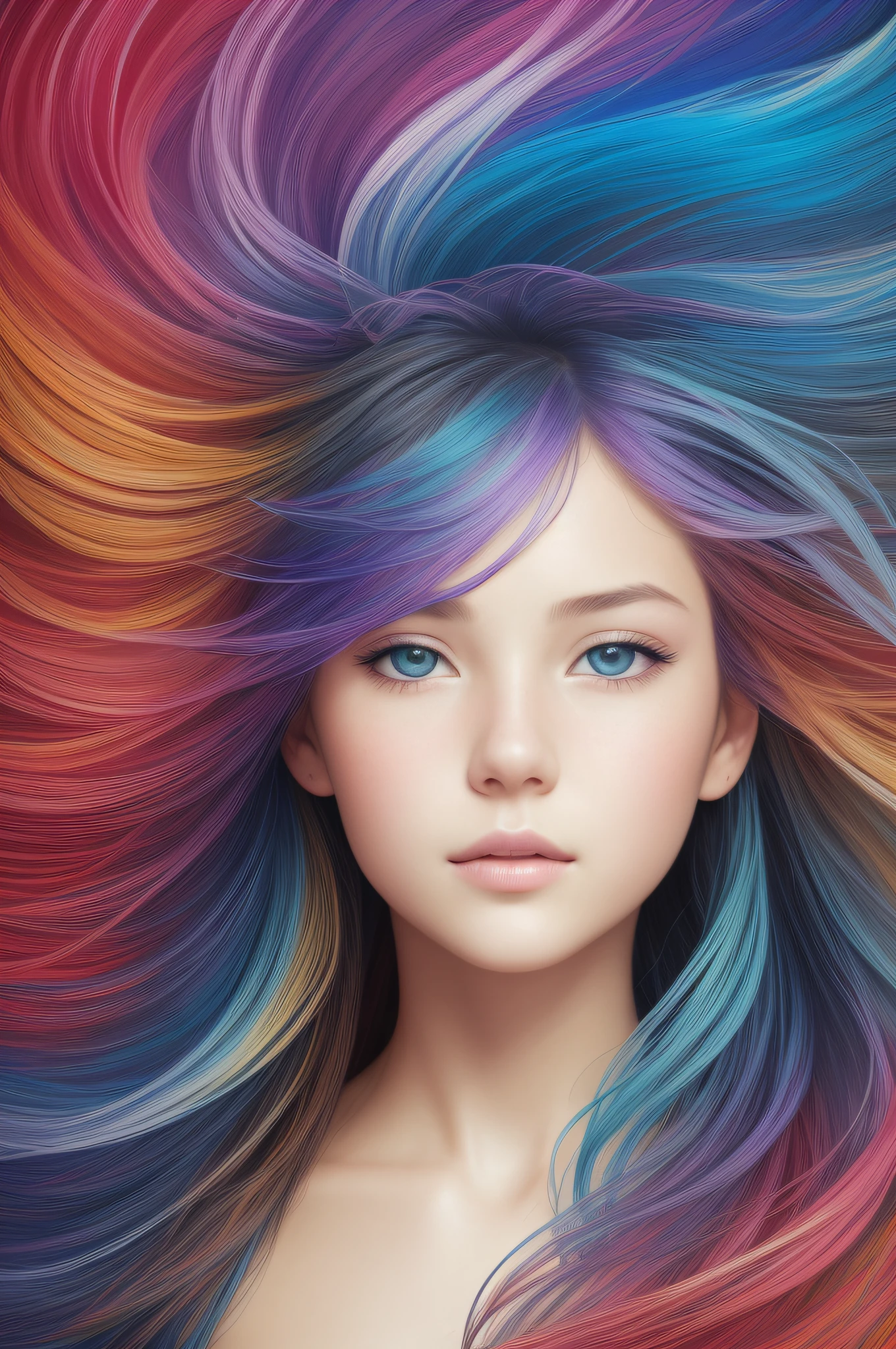 Colorful beautiful girl: a giru 8-, messy hair, oil painting, nice perfect face with soft skinice perfect face, blue yellow colors, light purple and violet additions, light red additions, intricate detail, splash screen, 8k resolution, masterpiece, cute face,artstation digital painting smooth veryBlack ink flow: 8k resolution photorealistic masterpiece: intricately detailed fluid gouache painting: by Jean Baptiste Mongue: calligraphy: acrylic: watercolor art, professional photography, natural lighting, volumetric lighting maximalist photoillustration: by marton bobzert:, complex, elegant, expansive, fantastical,  wavy hair, vibrant