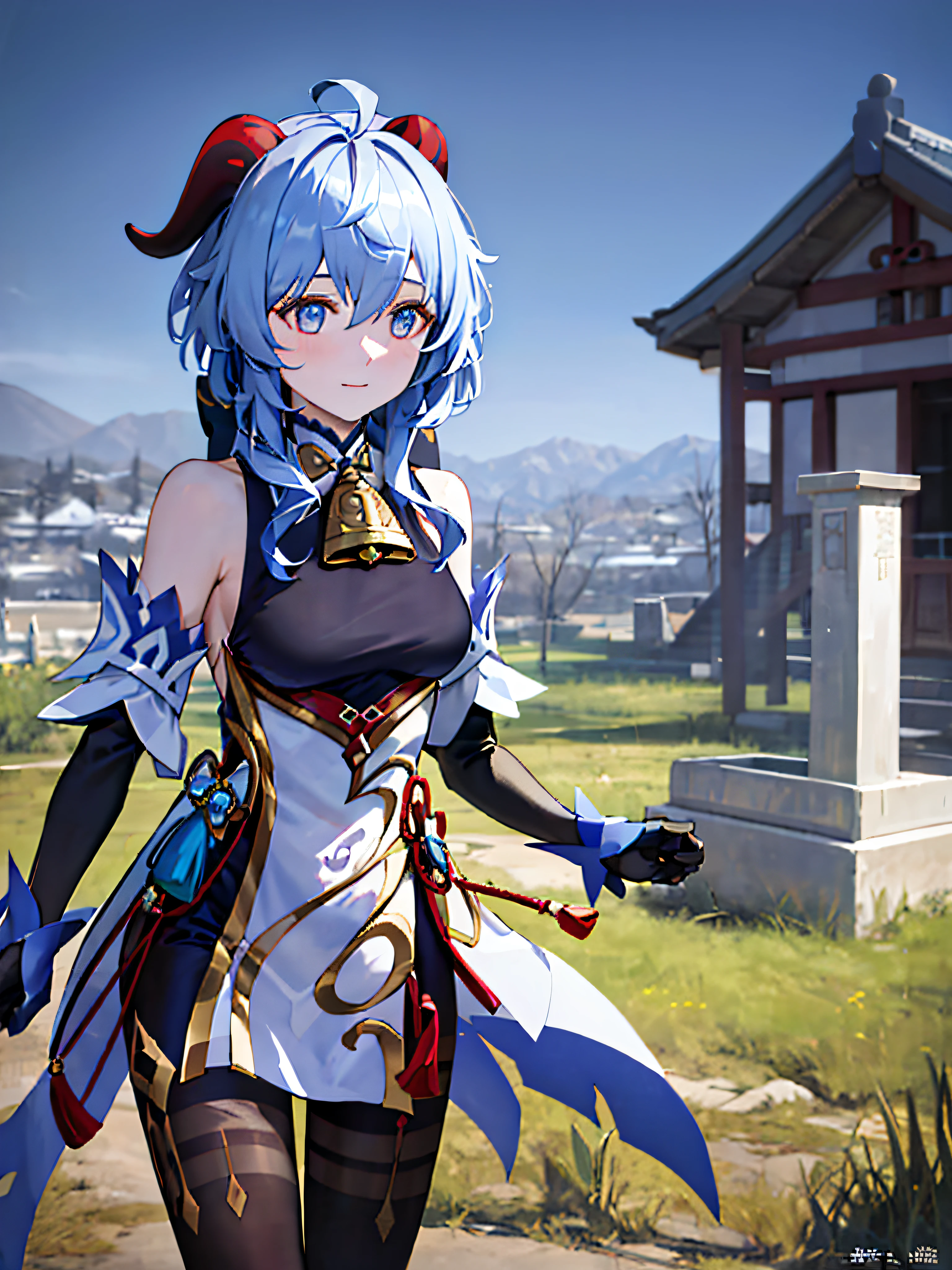 (photorealistic:1.4), (masterpiece, sidelighting, finely detailed beautiful eyes: 1.2), masterpiece*portrait, realistic, 3d face, ganyu \(genshin impact\), 1girl, ahoge, architecture, Bangs, bare shoulders, bells, black gloves, black tights, (blue hair), blush, beautiful breasts, Chinese knots, sleeves, flower knots, gloves, horns, long hair, looking at the audience, medium chest, neckbell, bow and arrow in hand, outdoors, grassland, running, fighting monsters