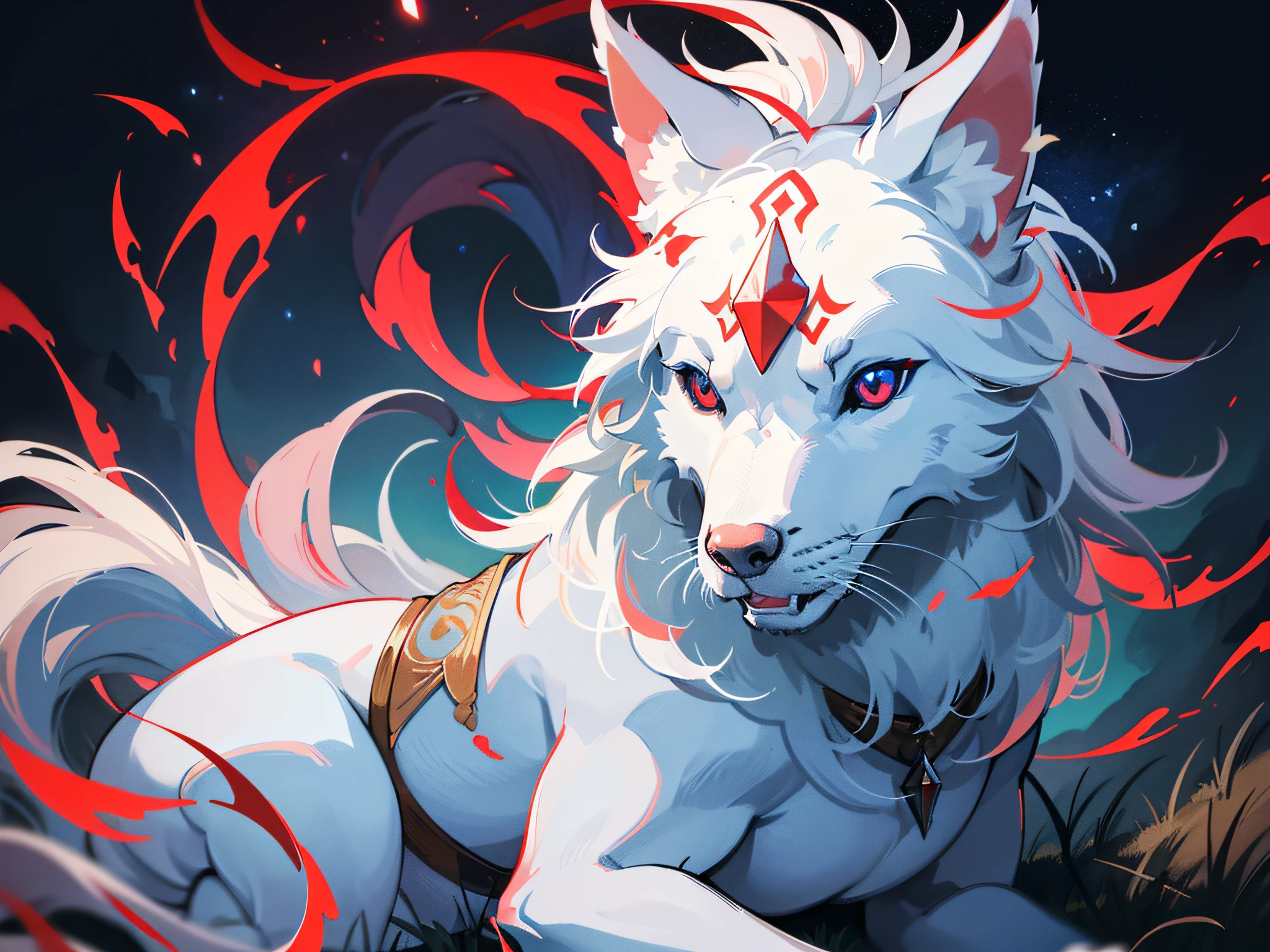 masterpiece, a white wolf with red deliñado in the eyes, a red crescent on its forehead, has blue flames on the tips of its ears and tail, very detailed, is sitting on its hind legs on the grass, is seen front and full body, night background with a clear and starry sky,  bright stars, volume lighting, natural moonlight