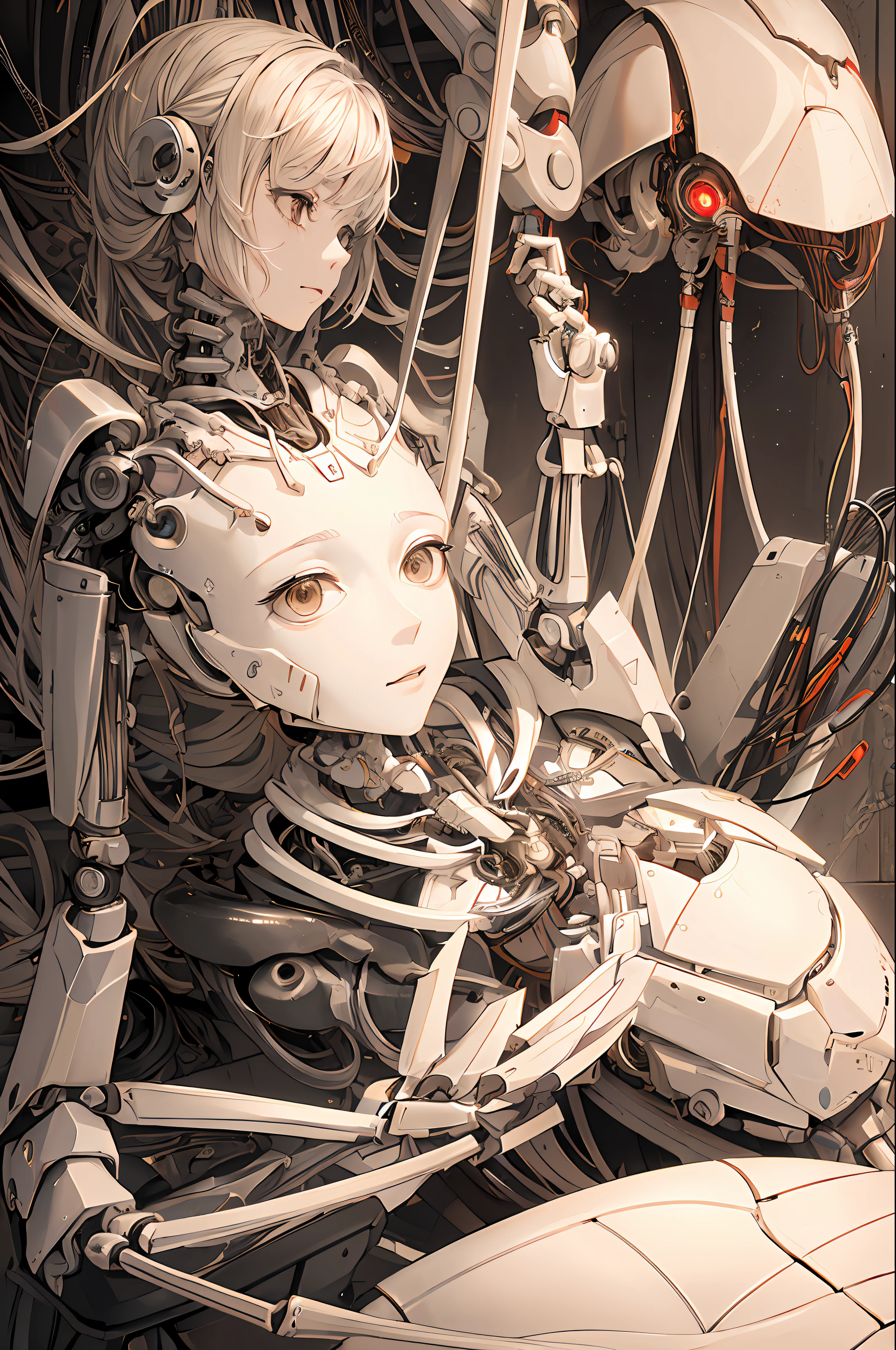 (((Masterpiece)))), (((highest quality)))), ((Ultra Definition)), (Very Fine Photoreality), ((Very Delicate and Beautiful)), (Delicate and Pretty Face), Cinematic Light, (((Machine Girl 1)), Solo, Full Body, Big, Cleavage Is Visible Skin, (Mechanical Joints: 1.4), (Mechanical Limbs)), (Blood vessels connected to tubes), (( Mechanical vertebrae attached to the back)), ((Mechanical cervical vertebrae) attached to the neck)), (((sitting)), Expressionless, (wires and cables attached to the head and body: 1.5), (Character Focus), Small LED lamp SF, detailed neon