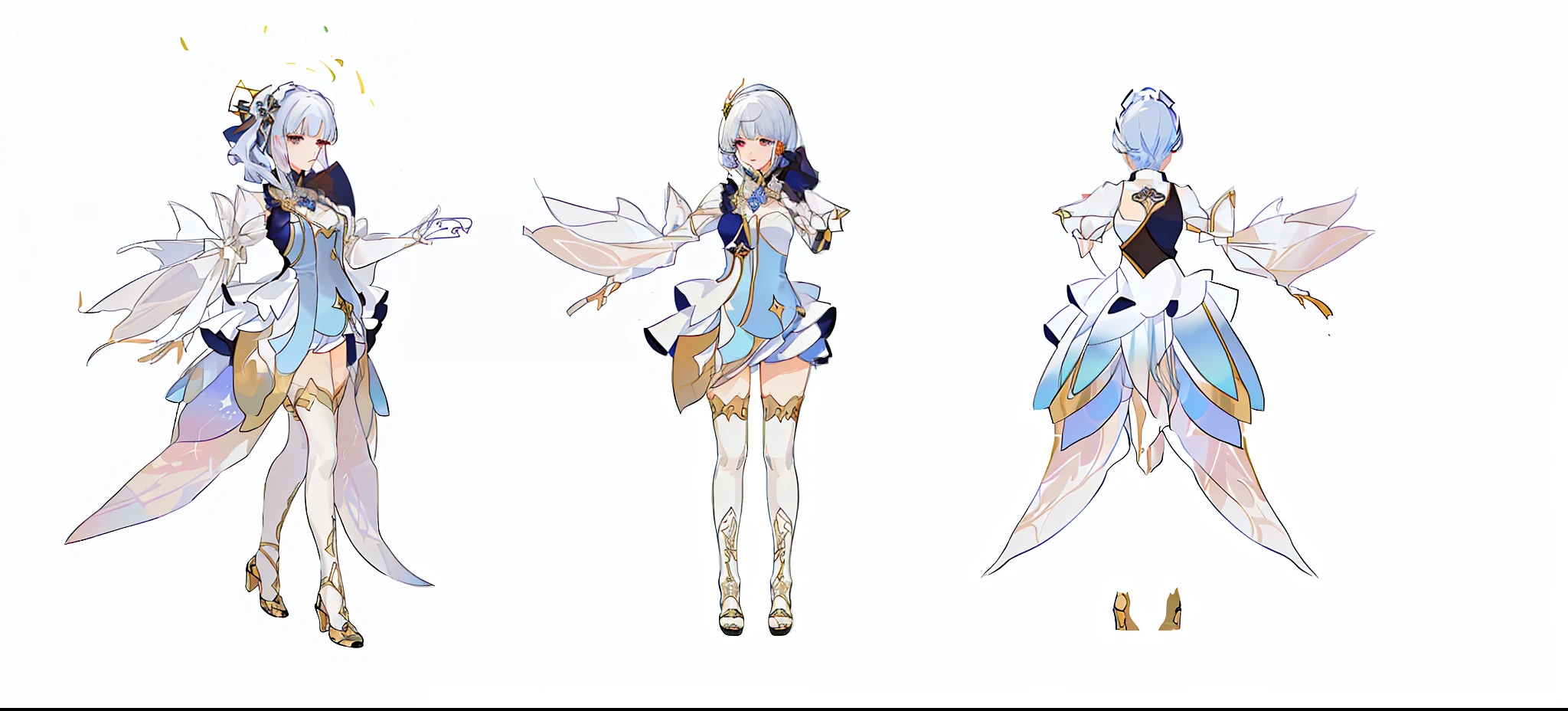 Close-up of the same dress from different angles, with a woman in the middle, full body concept, Ayaka source heart impact, full body character design, symmetry!! Concept Art, [Character Design], Character Available, Full Body Available, Pixie Character, High Quality Character Design, Beautiful Anime Character Design, Costume Design, Transparent Costume Design, Astral Witch Costume, Full Body Concept Art, (8k, RAW photo, best quality, masterpiece:1.2), European feel, medieval, chest sapphire, Ayaka Genshin Impact, Still life, Fine detail, center of screen, still life only, ((simple background)),white background,