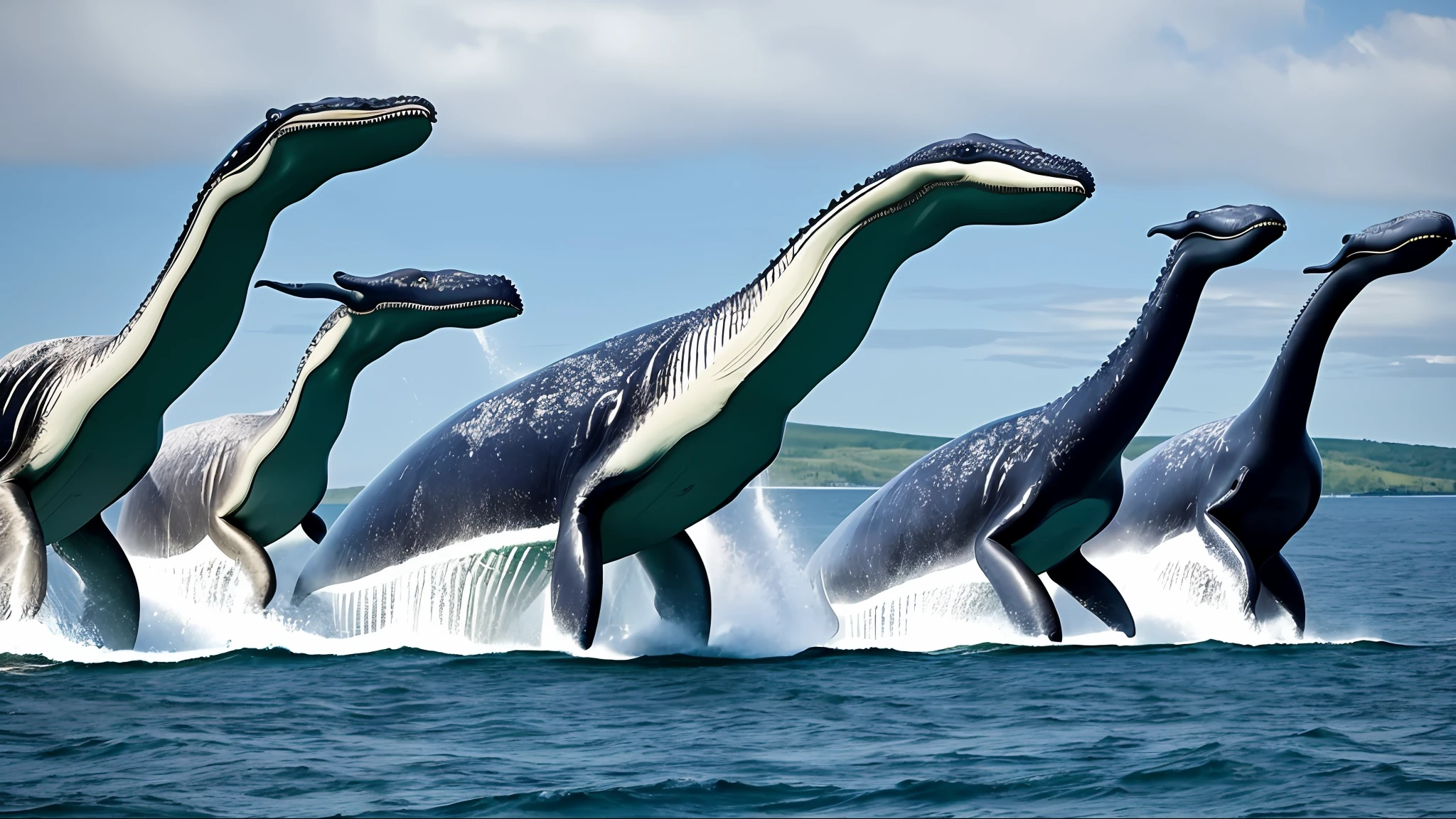 Close-up of large long-necked dinosaurs in water, whale falling, Loch Ness monster, scary sea monster, subreddit/r/whale, ocean giant creature bloop, sea monster looks like a boat, sea serpent, flying whale, a 5 meter tall creature, serpentine monster, huge creature
