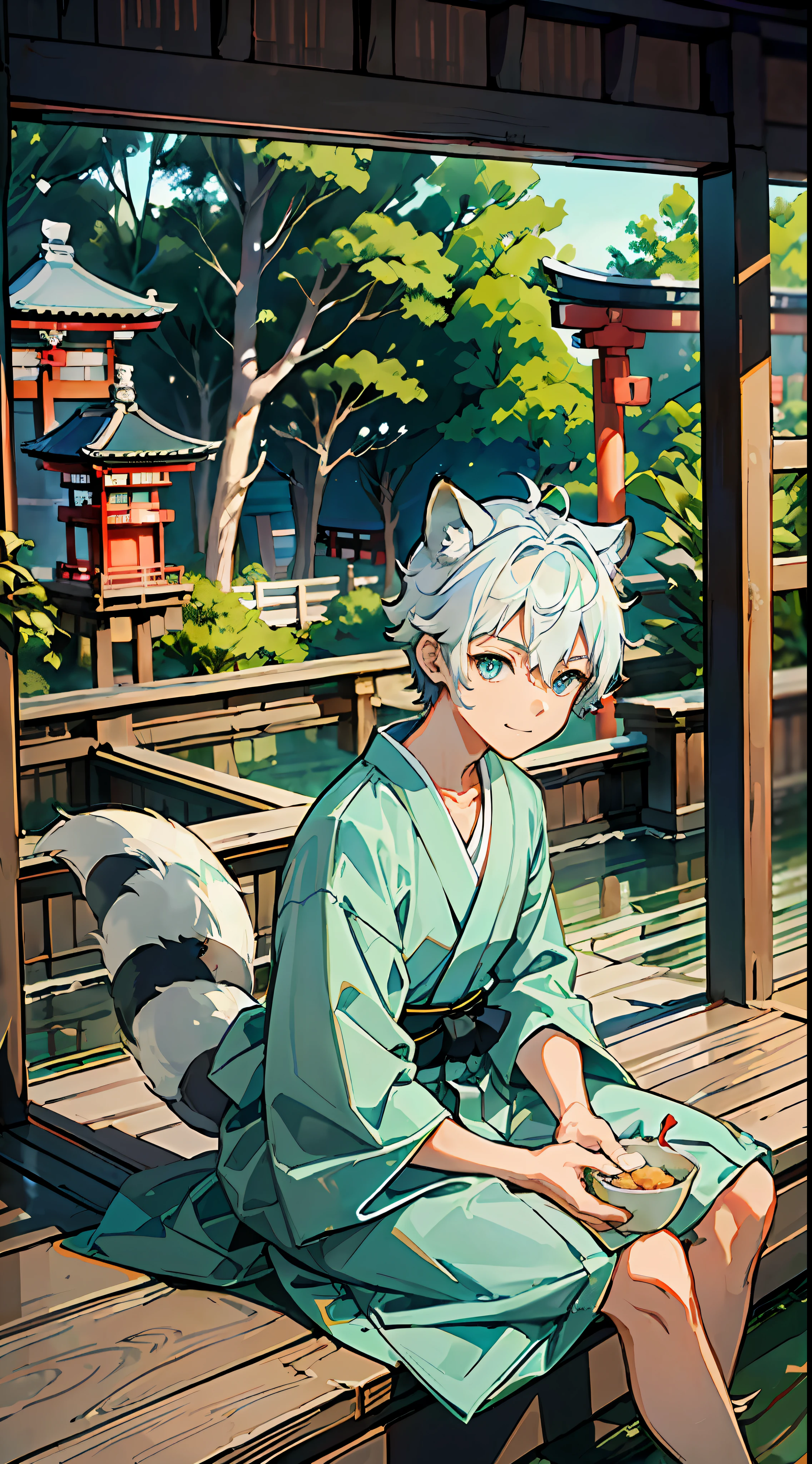 ((Masterpiece: 1.4, best quality)), one boy, green and short hair and eyes, (Japan Shinto priest, white and light blue hakama: 1.3), gentle smile, raccoon dog ears and tail, sitting on the porch and eating dumplings, the background is a temple in Kyoto.